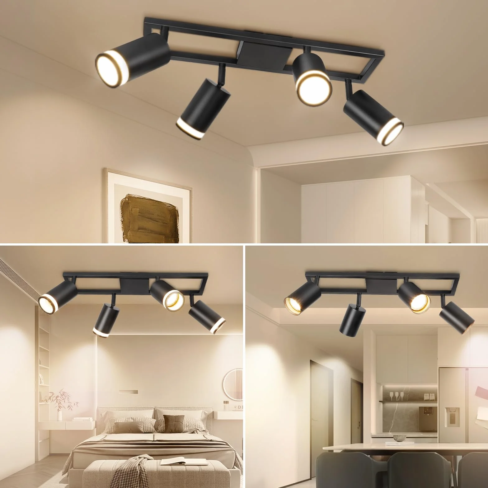 Lampa sufitowa LED z 4 punktami, nowoczesne podwójne obrotowe lampy sufitowe GU10, czarna lampa sufitowa z 4 punktami, do kuchni, sypialni, salonu, przedpokoju, jadalni, bez żarówek