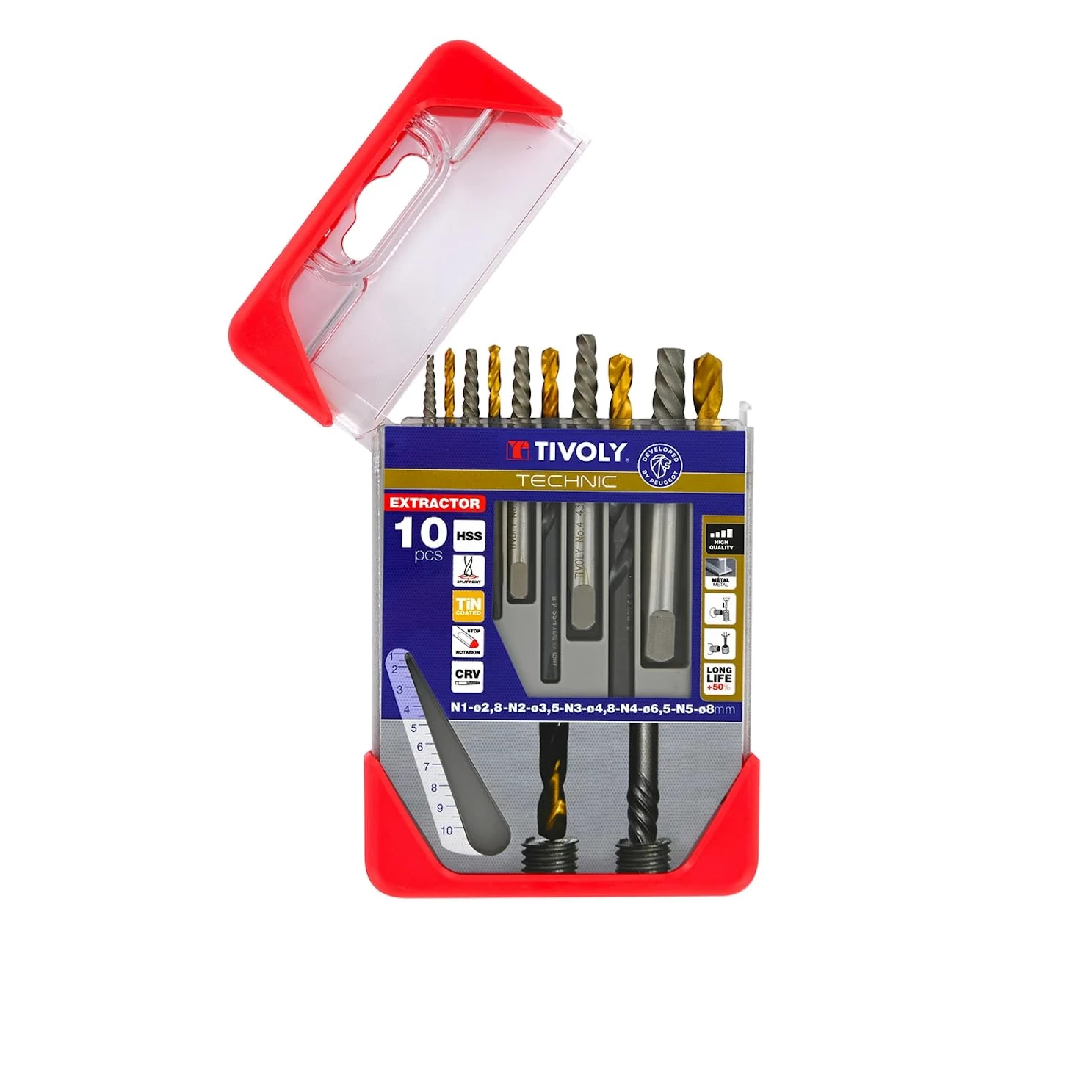 TIVOLY - Zestaw wierteł i wykrętaków do odłamanych śrub + wiertło HSS z powłoką TiN - zestaw z 5 wiertłami i 5 wykrętakami N1 Ø 2,5 mm/N2 Ø 3,2 mm/N3 Ø 4,8 mm/N4 Ø 6,5 mm/N5 Ø 8 mm