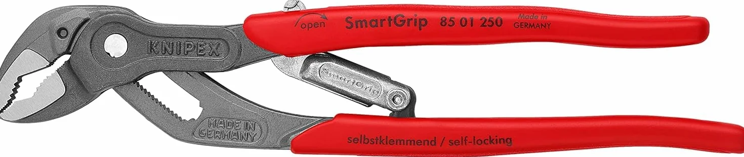 KNIPEX SmartGrip Szczypce do rur z regulacją automatyczną w opakowaniu z zawieszką fosforanowana, szara pokryte antypoślizgowym, 85 01 250 SB