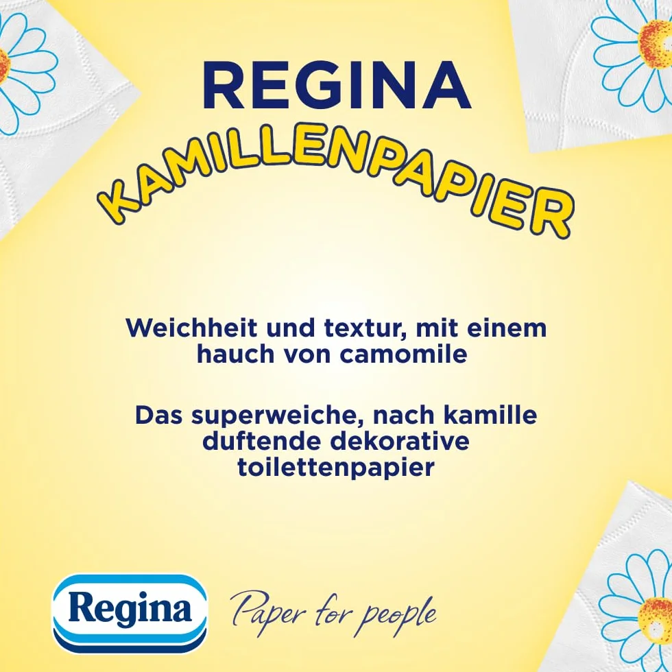 Regina Papier Rumiankowy 16 Rolek po 150 Listków, Miękki i Delikatny, Zapachowy, z Nadrukiem, 3 Warstwy, Duże Opakowanie, Certyfikat FSC, Czysta Celuloza, Atest NIZP-PZH