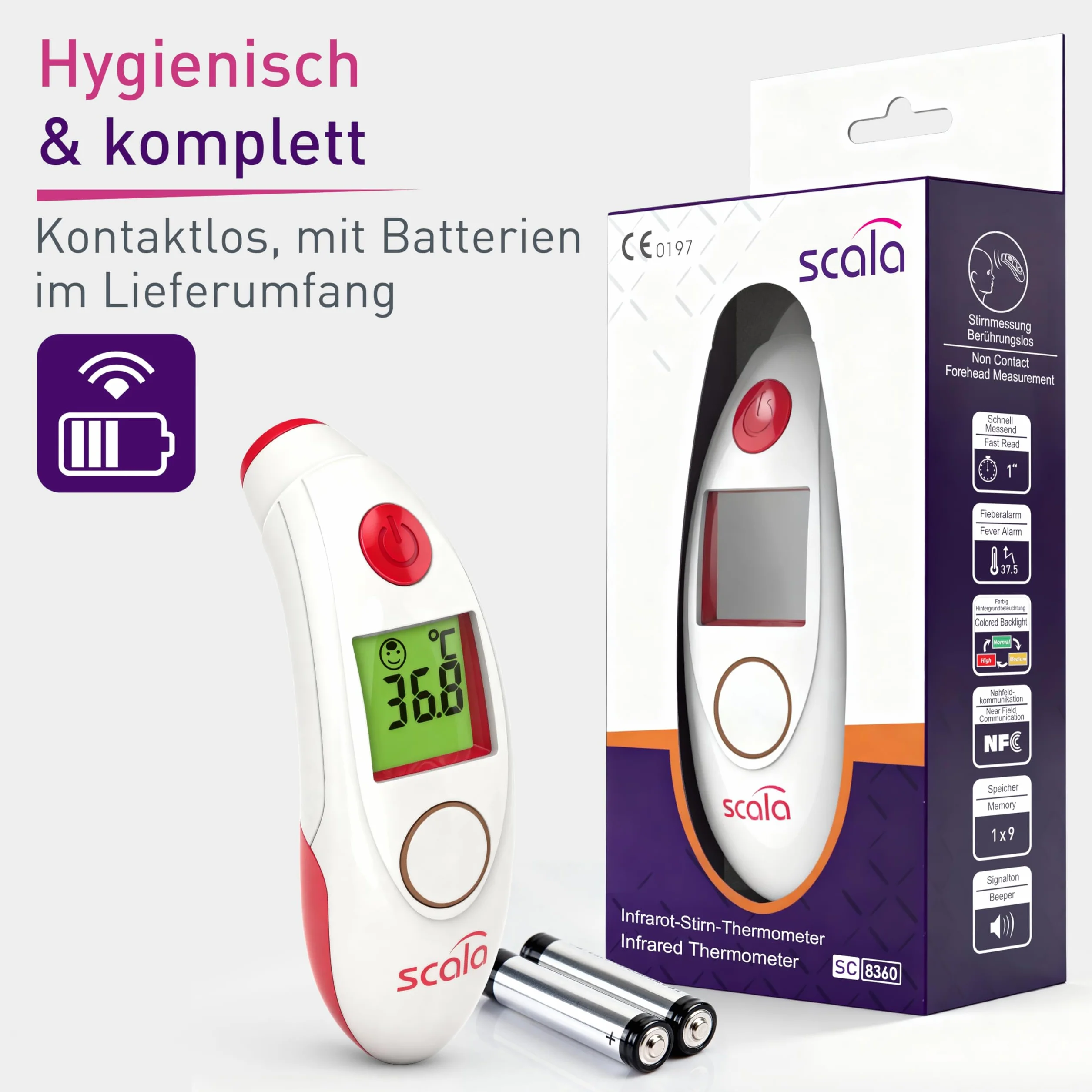 Cyfrowy termometr na podczerwień SC 8360 NFC Top Speed Night z alarmem gorączki i pamięcią danych przez aplikację