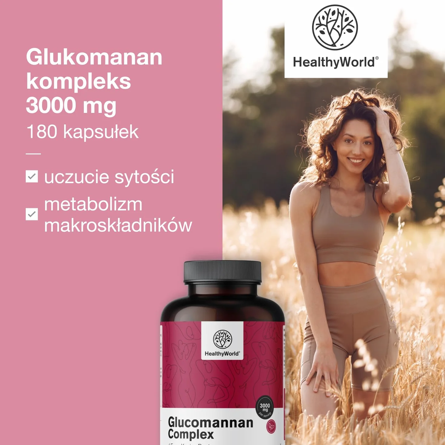 HealthyWorld Glukomanan kompleks 3000 mg – Z Korzenia Konjac - 180 kapsułek - Wsparcie w Odchudzaniu - Z dodatkiem Choliny, Chromu, Witaminami D3 i B3 - Wolny od GMO - 1-miesięczny Zapas