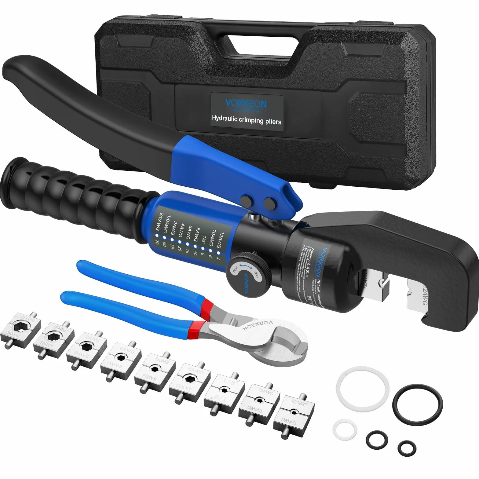 8-tonowy hydrauliczny zestaw narzędzi do zaciskania z 9 matrycami 4-70 mm² (12AWG-2/0AWG) 25,4 cm obcinacz do kabli, do profesjonalnego użytku, odpowiedni do zaciskania kabli elektrycznych w