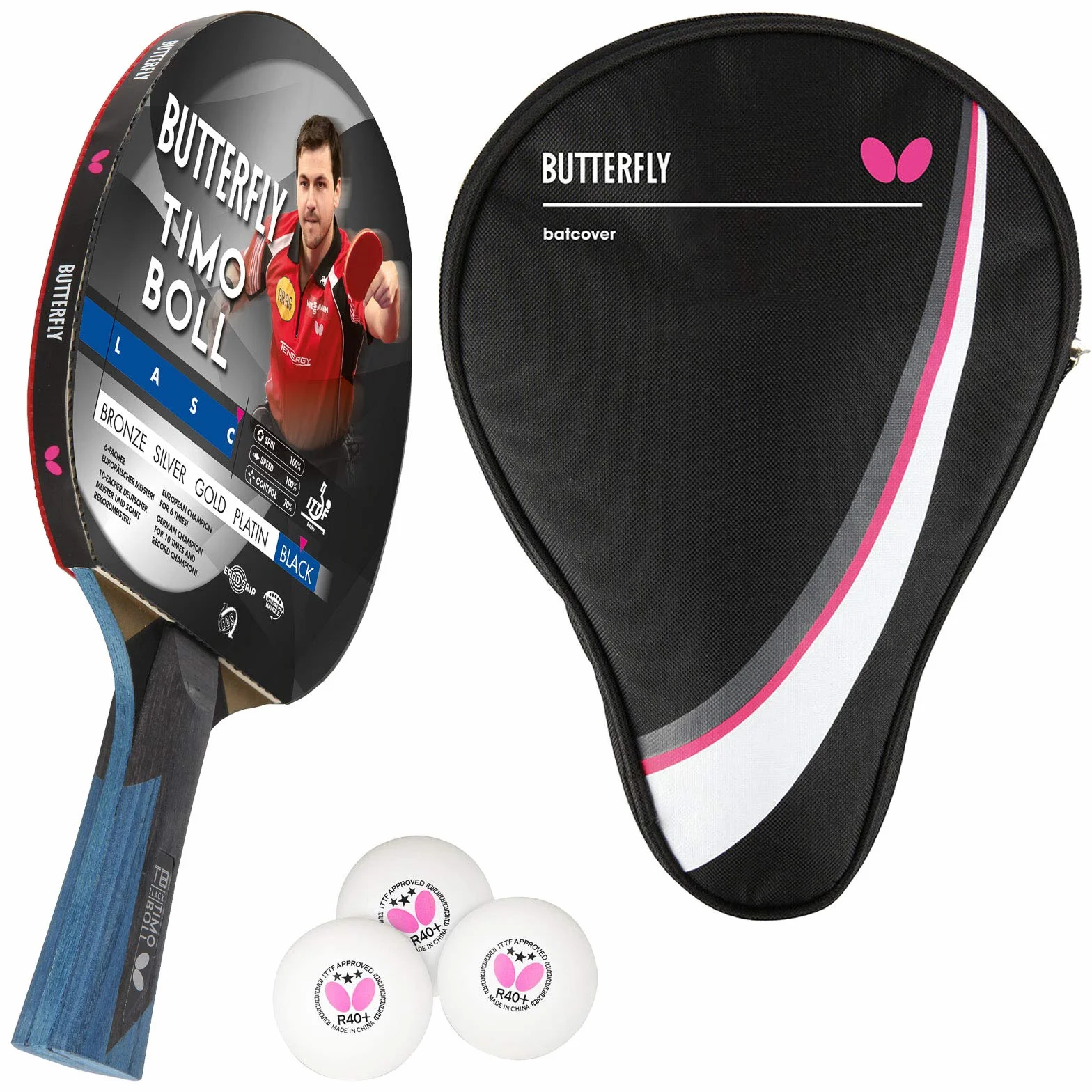 Butterfly® Timo Boll Black rakieta do tenisa stołowego, rakieta do tenisa stołowego, dla zaawansowanych technicznie graczy, z certyfikatem ITTF Wakaba, anatomiczny kształt uchwytu