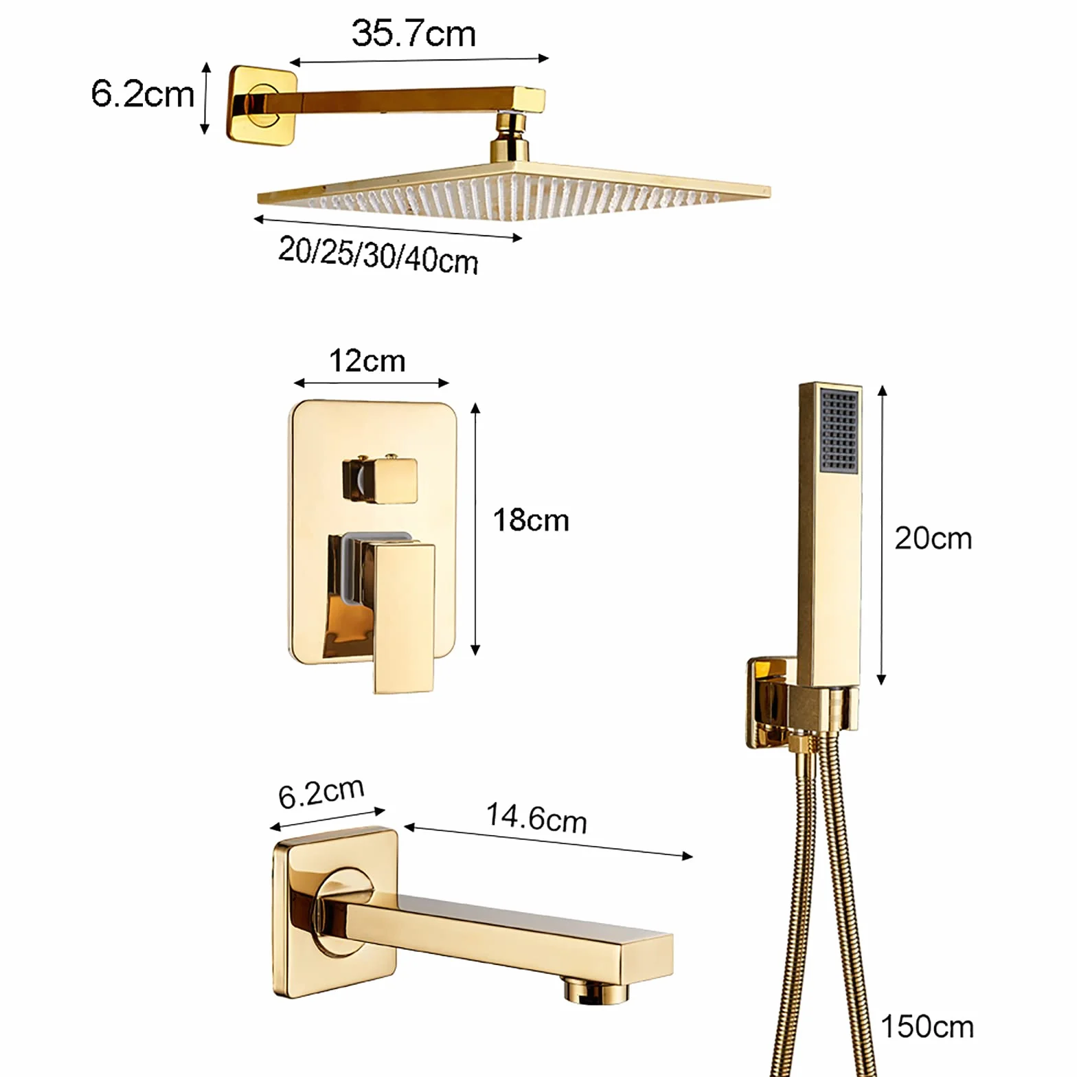 System prysznicowy LED z wylewką wannową, deszczownicą kwadratową i ręcznym zestawem prysznicowym, ściennym zestawem baterii prysznicowej Golden (16 inches)