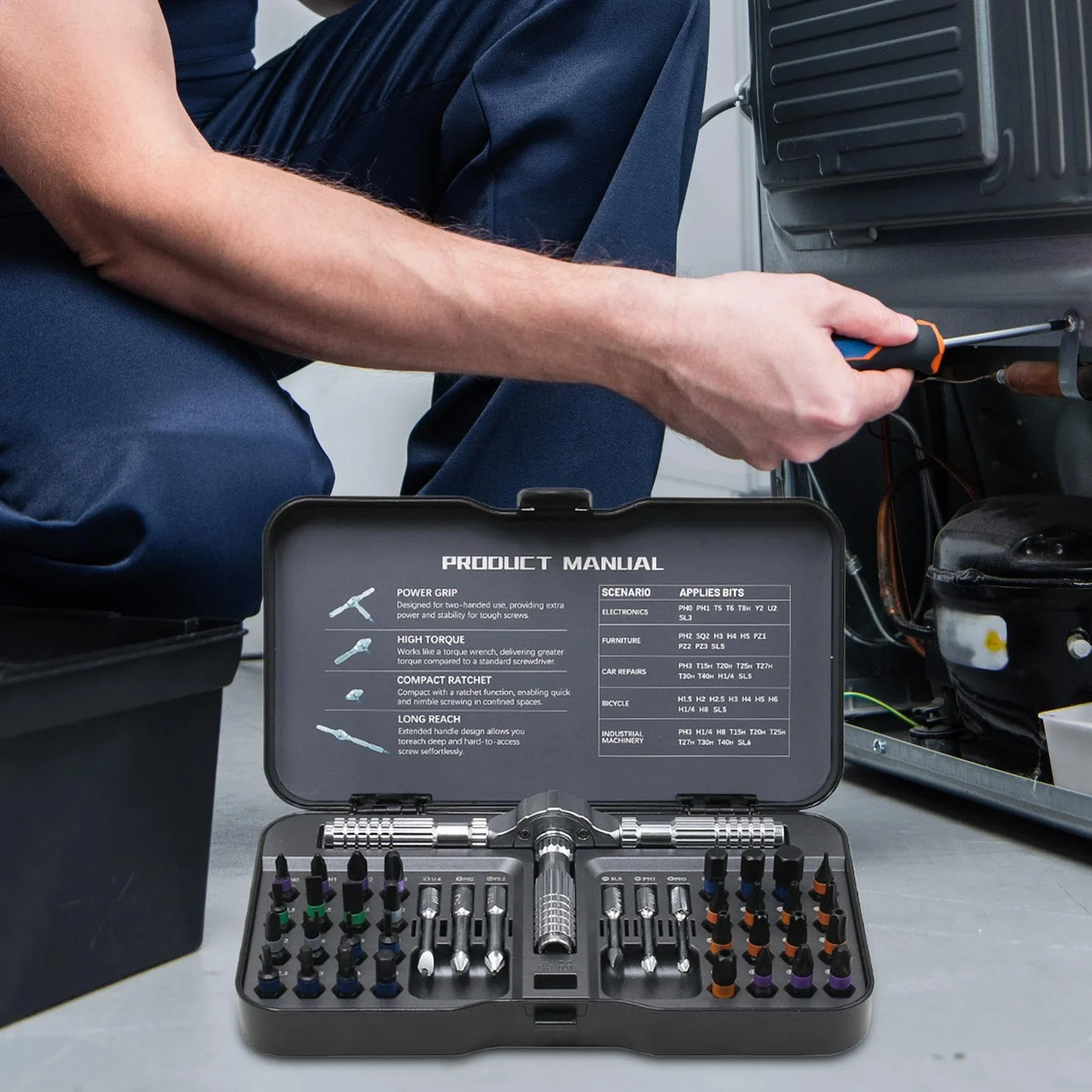 Wkrętaki grzechotkowe zestaw 40-w-1 Precyzyjny Ergonomiczny Wielobit | Zestaw bitów do napraw Motoryzacja Mechanika Elektronika Budownictwo Stolarstwo Hydraulika Dom Przemysł Meble Precyzyjne