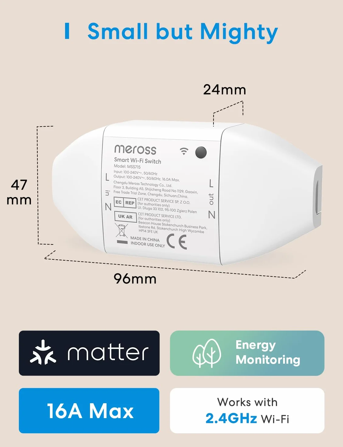 Meross Przełącznik Wi-Fi Matter, inteligentny przełącznik 16 A z pomiarem energii, inteligentny przełącznik modułowy kompatybilny z Apple Home, Alexa i Google Home, sterowanie głosowe