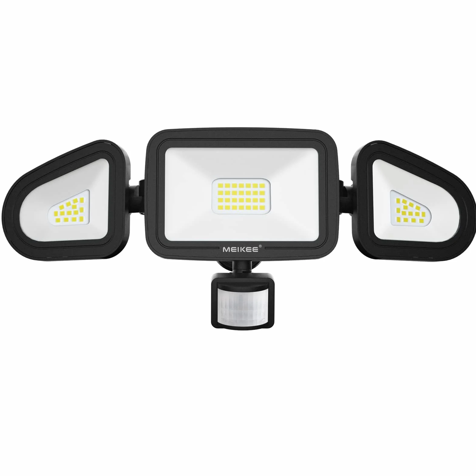 MEIKEE Reflektor LED z czujnikiem ruchu, 42 W, 4200 lm, reflektor zewnętrzny IP65, światło reflektorowe 6500 K, trzy głowice, regulacja 180°, światło bezpieczeństwa do garażu, ogrodu, na taras, podwórko