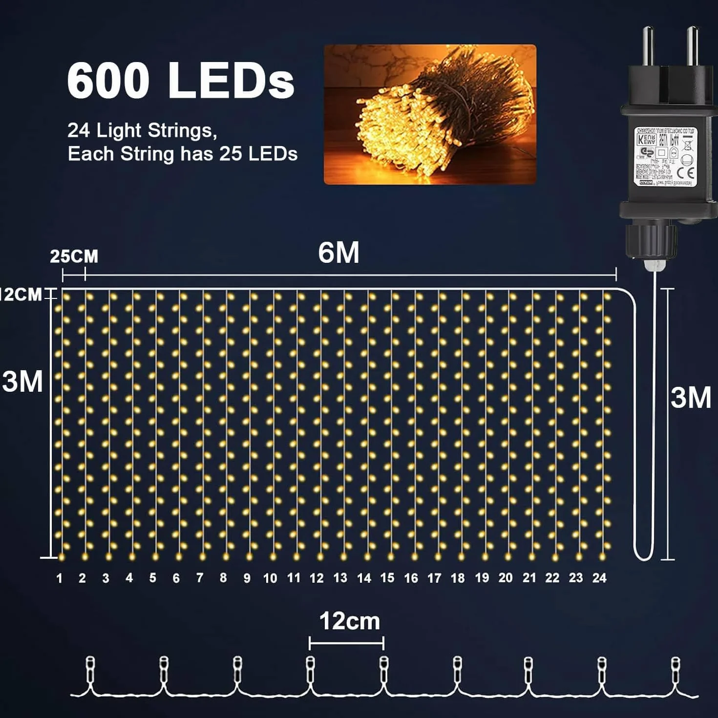 Joycome Kurtyna świetlna, 6 m x 3 m, 600 diod LED, 8 trybów świecenia, oświetlenie bożonarodzeniowe, zasilanie prądem, wodoszczelna, na ścianę, do pokoju, na balkon, do użytku na zewnątrz, dekoracja