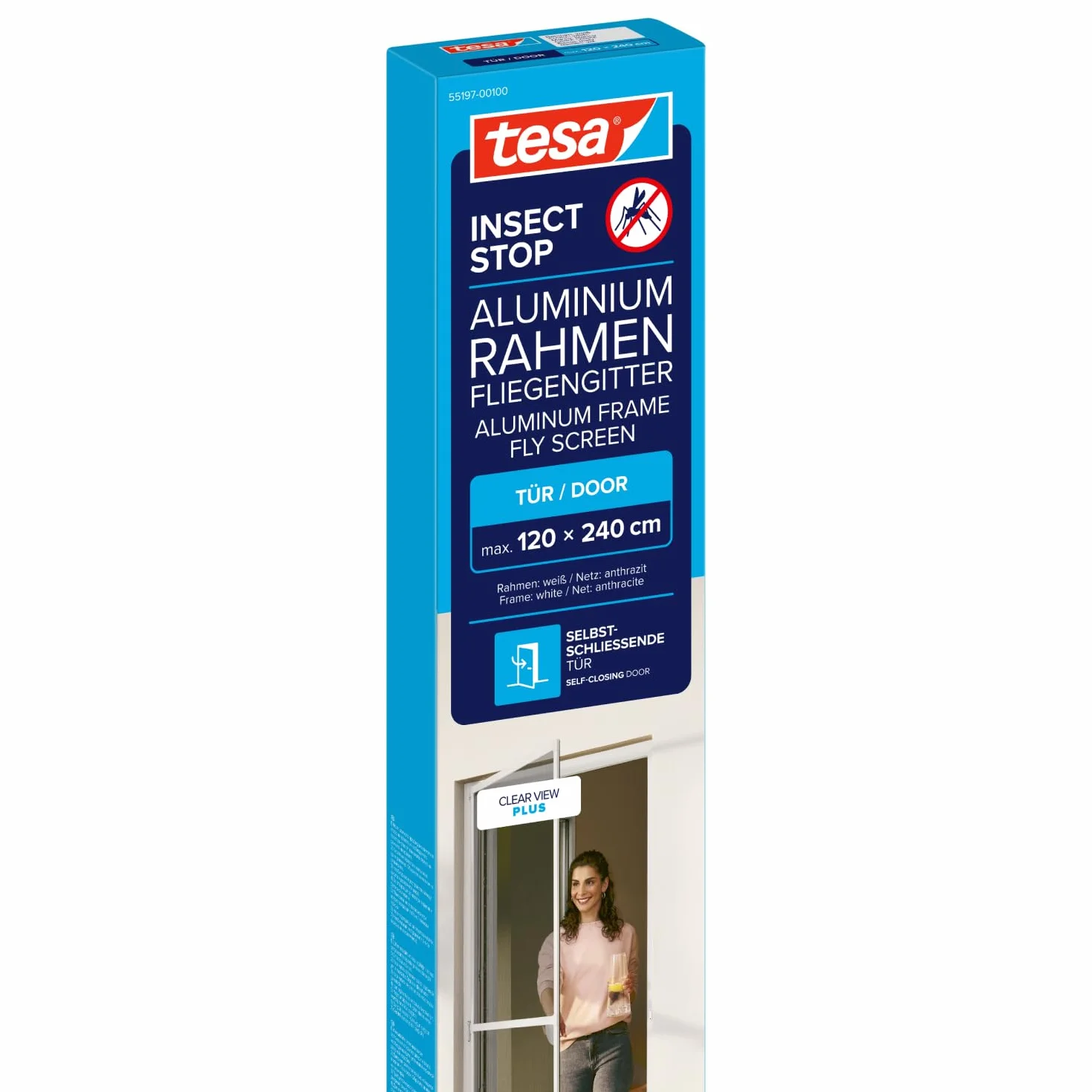 tesa INSECT STOP Aluminium For Doors Frame Fly Screen XL - siatka z ramą aluminiową, czysty widok, biały - 120 x 240 cm