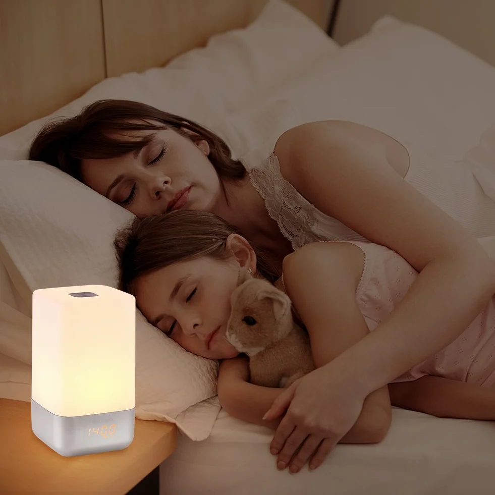 Budzenie światła, Budzik Wschodu Słońca Symulacja Zachodu Słońca Lampka Nocna z 5 Dźwiękami Natury, Sterowanie Dotykowe, Bezstopniowe Przyciemnianie, Funkcja Drzemki, 256-kolorowa Lampa Atmosferyczna
