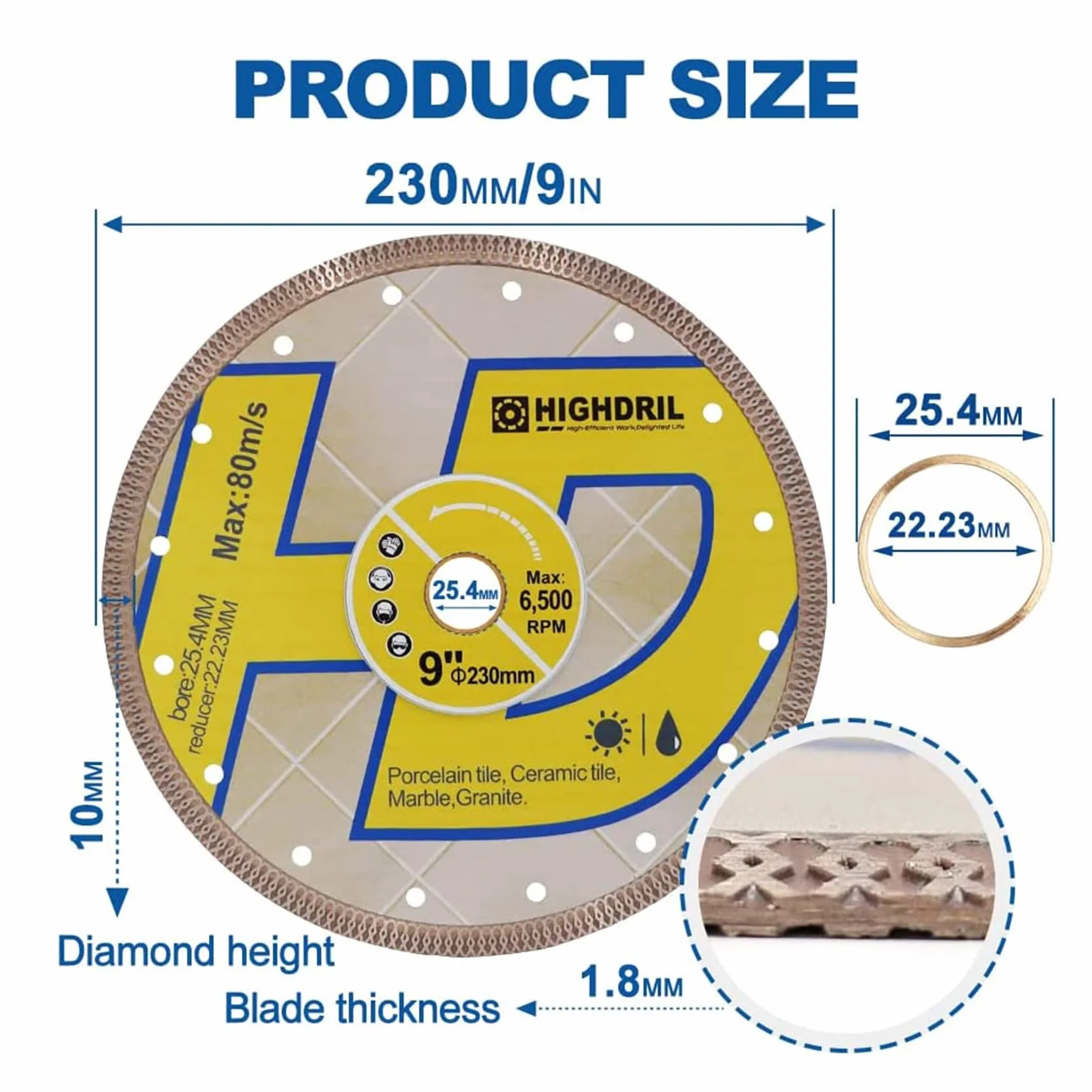 Supercienkie diamentowe ostrze, HIGHDRIL 9 cali / 230 mm suche lub mokre diamentowe ostrze do płytek z krawędzią X Mesh szlifierek aniołów tarcza do cięcia porcelany, ceramiki, terakota, granitu, marmuru