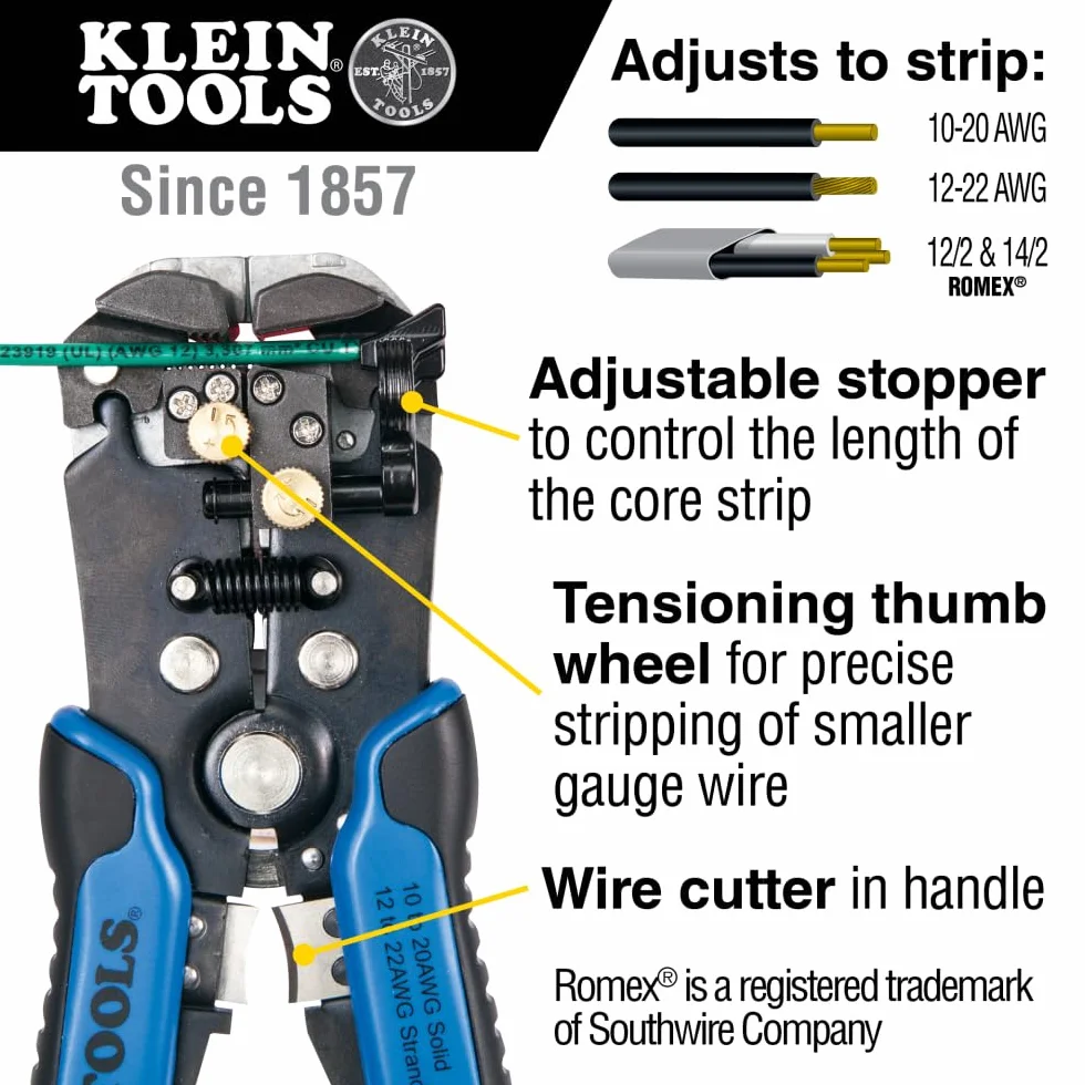 Samoregulujący się ściągacz i obcinacz do drutu, 10-20 AWG Klein Tools 11061, niebieski/srebrny