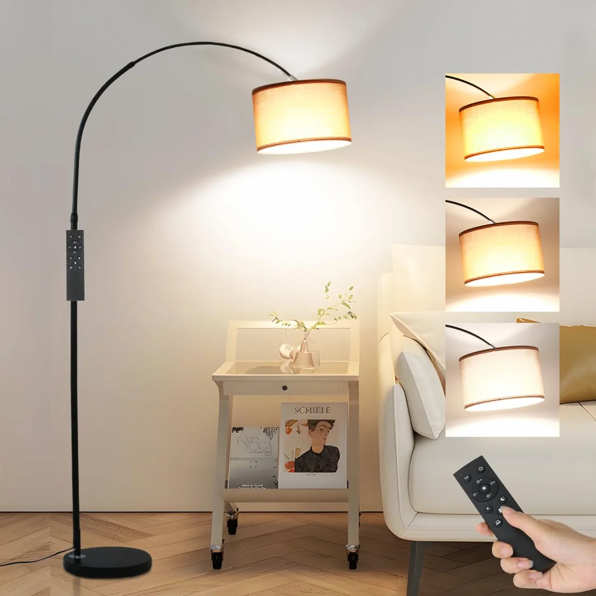 ANTENLICHT AURA Lampa łukowa z pilotem | Lampa stojąca do salonu z regulacją jasności | W zestawie żarówka LED E27 | Brązowy abażur z tkaniny 33 cm | Przełącznik nożny | Lampa łukowa w stylu vintage,