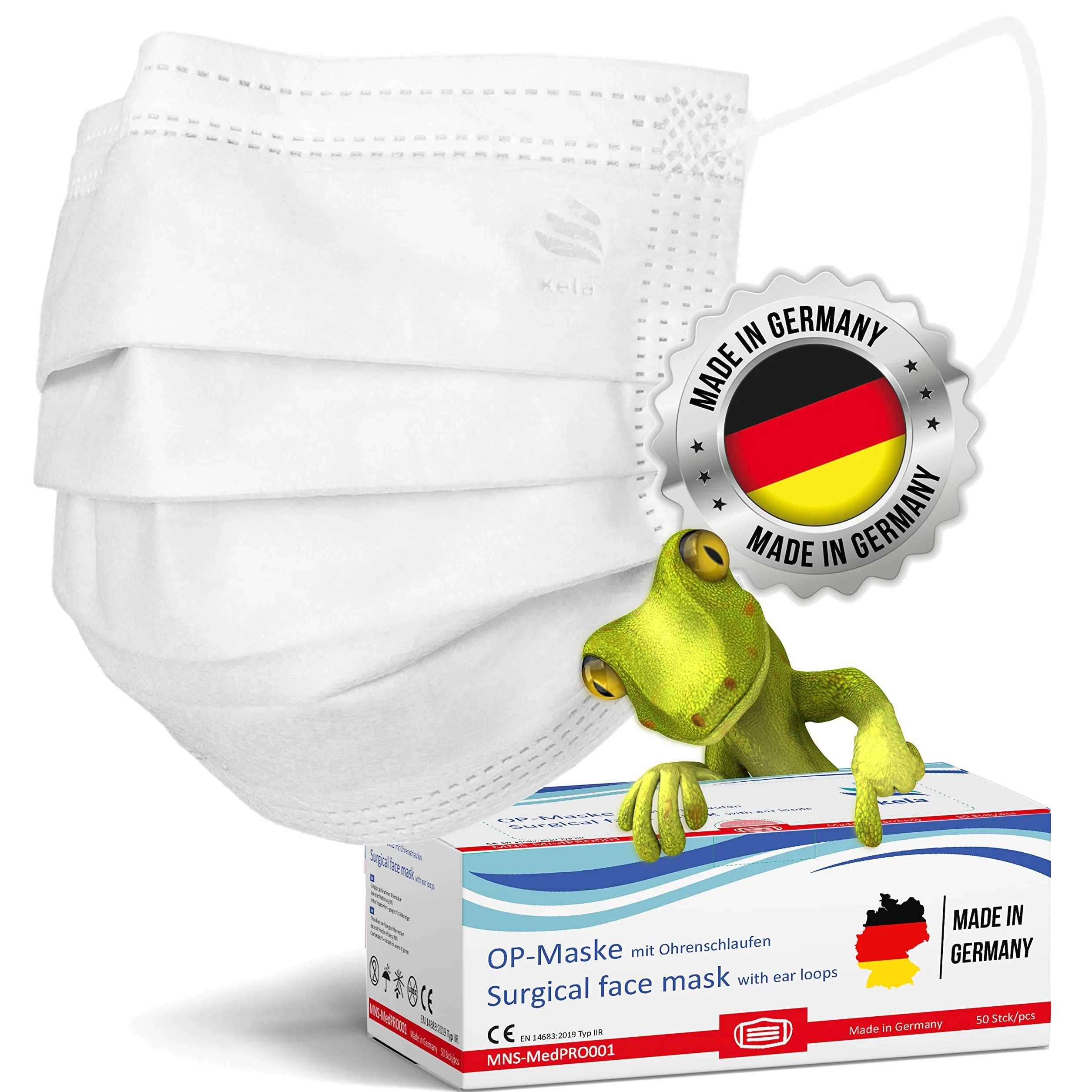 kela®, Maska medyczna, biała, Made in Germany, maska medyczna do ochrony ust i nosa, jednorazowa maska chirurgiczna, certyfikat CE, DIN EN 14683 typ IIR, BFE > 99,88%, 3-warstwowa
