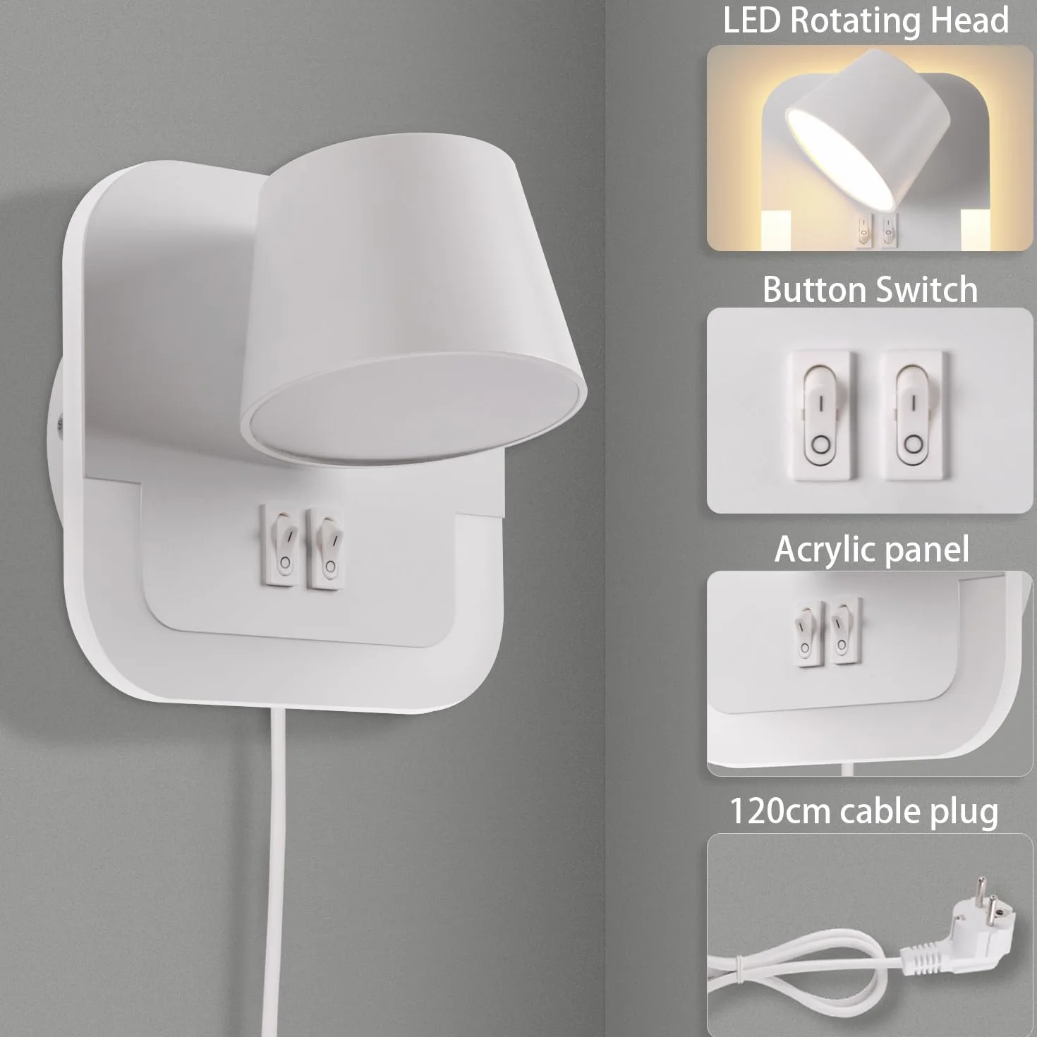 Lampa kinkiet LED, lampka nocna do czytania ściany Z kablem i wtyczką, 4W+8W lampka do czytania książki nocnej, lampka nocna sypialni kinkiet Z wyłącznikiem, Obrotowa głowica lampy, Biały