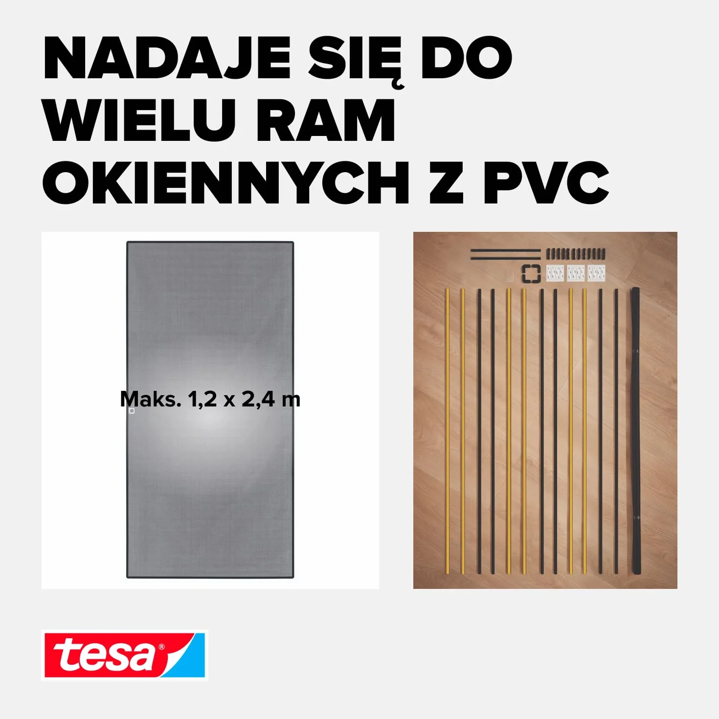 tesa Insect Stop Clip On - moskitiera zatrzaskowa okienna - rama docinana na wymiar, siatka z wytrzymałego włókna szklanego, samoprzylepne klipsy mocujące - 1,2 x 2,4 m - antracytowa