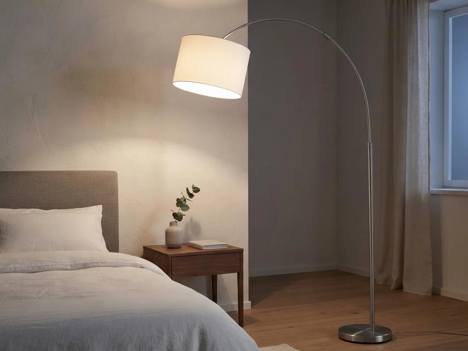 meineWunschleuchte Lampa łukowa z regulacją wysokości z abażurem z materiału w kolorze białym, maks. wysokość 215 cm