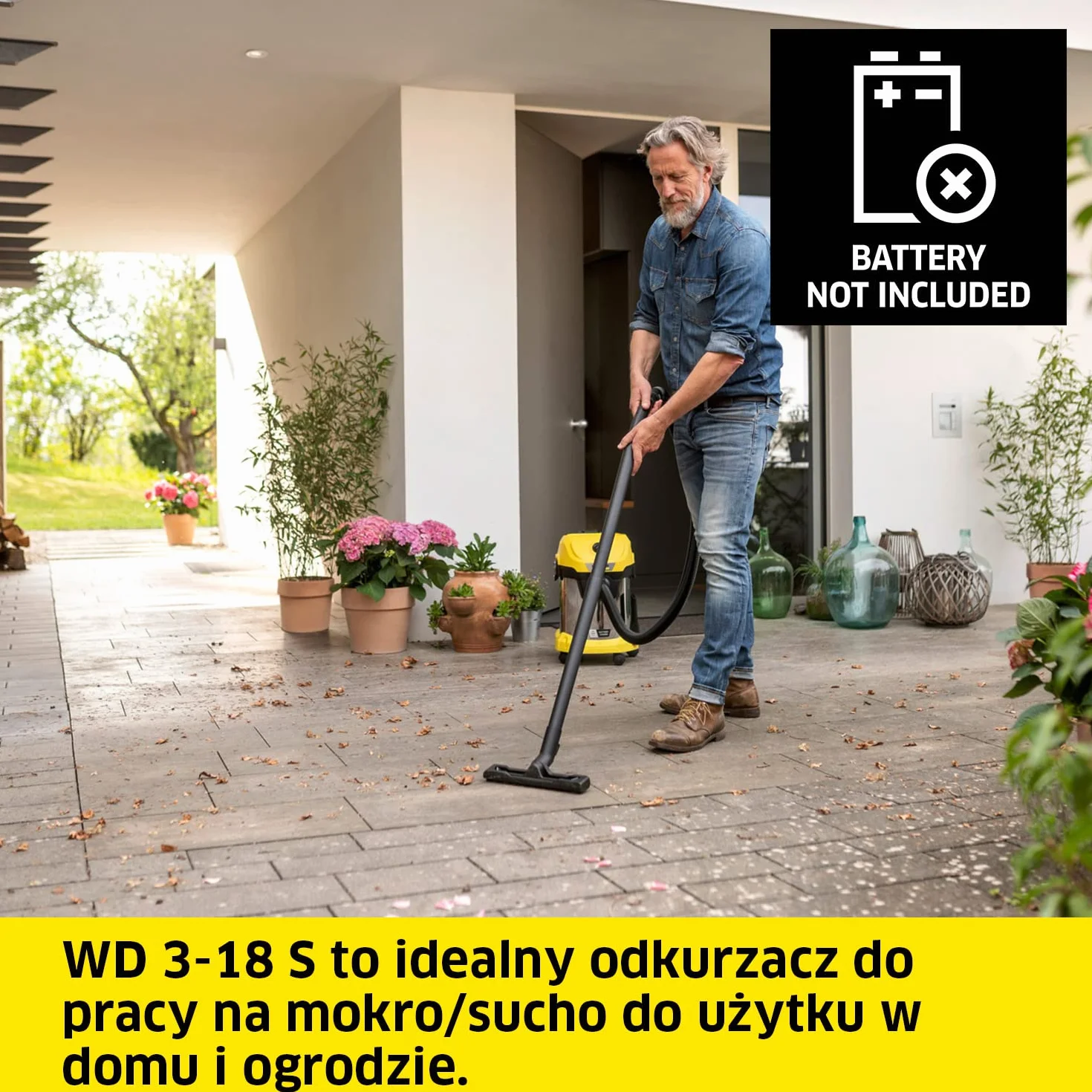 Kärcher Bezprzewodowy odkurzacz do pracy na sucho/mokro WD 3-18, z filtrem, szczeliną i ssawką do odkurzania na mokro/na sucho, 225 W, pojemnik ze stali nierdzewnej