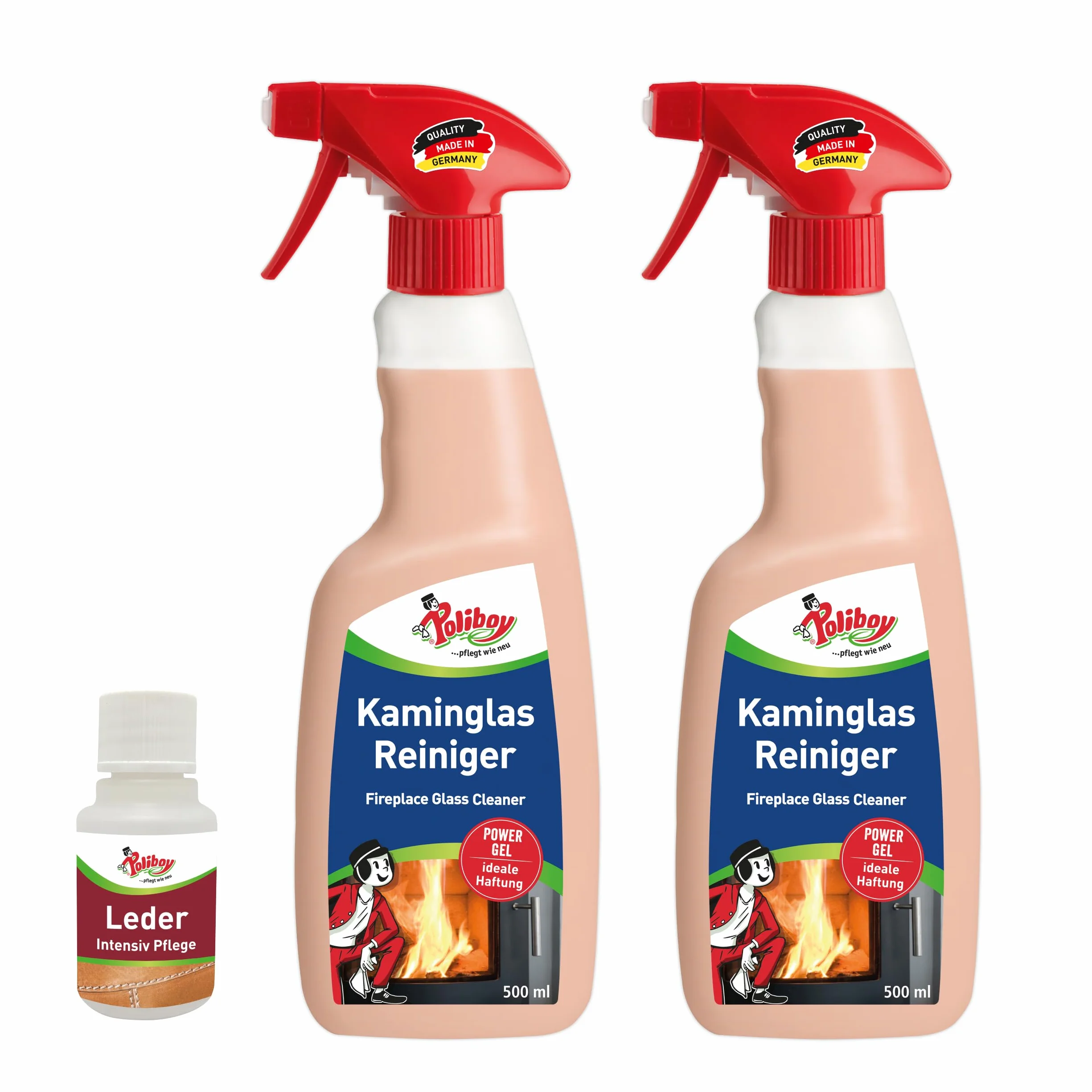 POLIBOY środek do czyszczenia szyb kominkowych, do szyb kominkowych i płytek piecowych, 2 x 500 ml, z próbką produktu, wyprodukowano w Niemczech
