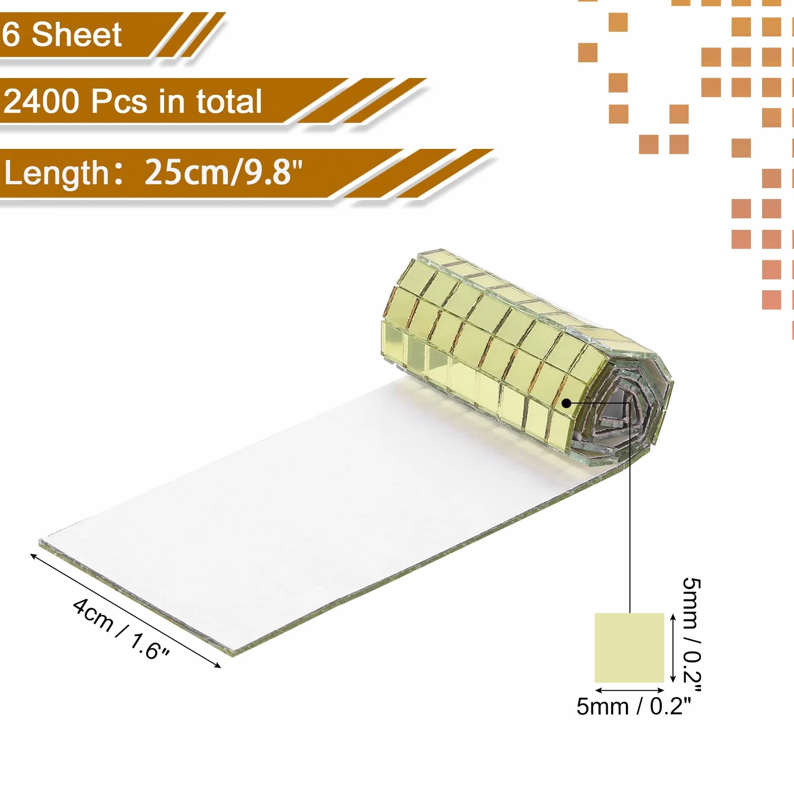 QUARKZMAN 2400 szt. szklane lustro dyskotekowe płytki samoprzylepne złote lustro mozaika 5 x 5 mm do dyskoteki, rzemiosła DIY, dekoracja KTV, 6 arkuszy