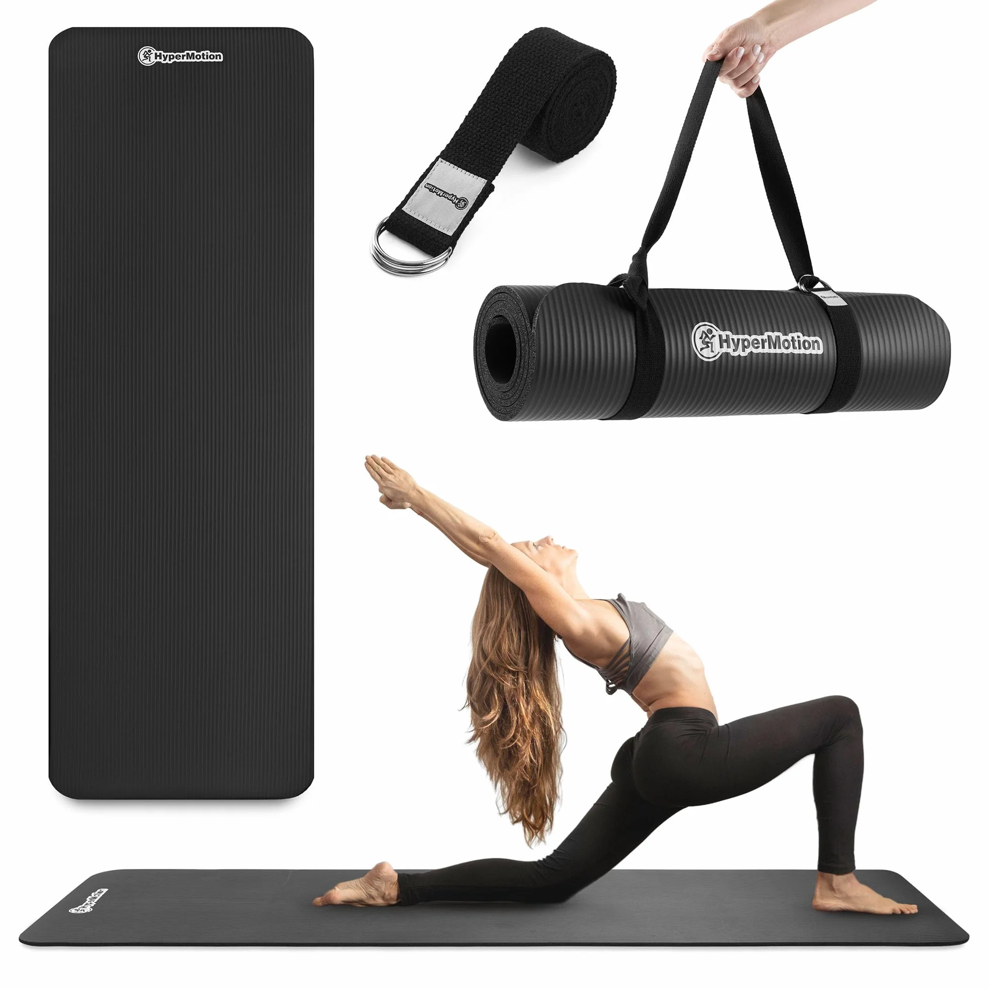 HyperMotion Mata do Ćwiczeń Fitness i Jogi NBR 183x61x0,8 cm Czarna, Antypoślizgowa, 8 mm, z Paskiem do Ćwiczeń i Przenoszenia, do Jogi, Pilatesu i Stretchingu