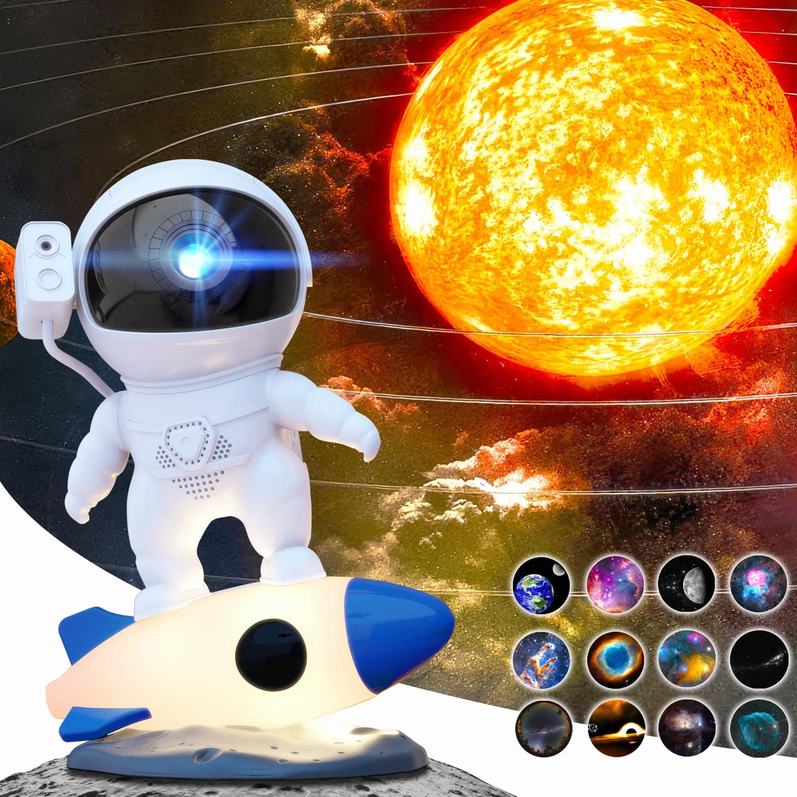 MERTTURM HD Projektor Planetarium Astronautów, Projektor Galaktyki do Sypialni, Wymienne HD Dyski 13 Filmów i Regulowany Obiektyw, Lampka Nocna Rakieta, Zegarowa Lampa Sufitowa