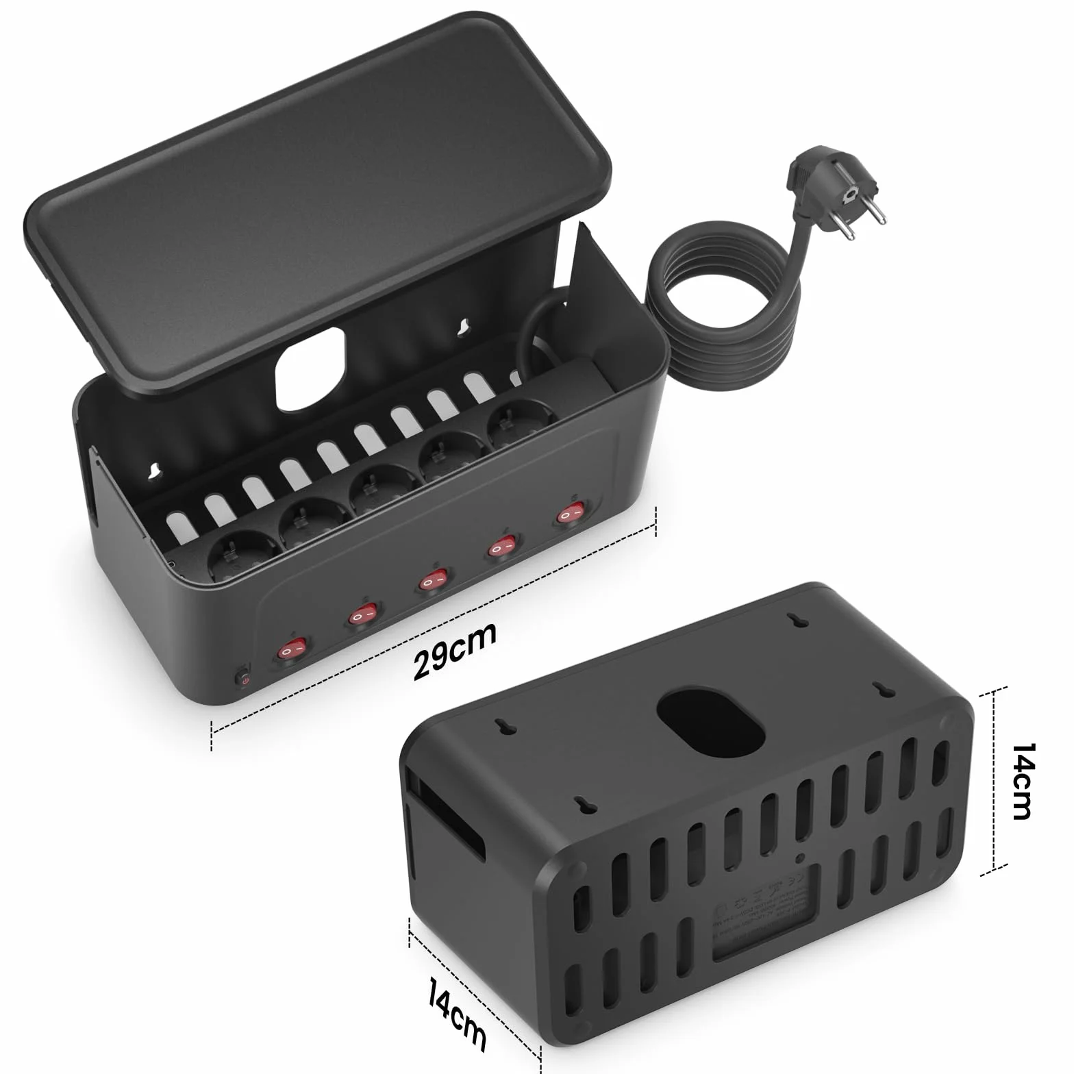 Skrzynka na Kable z Listwą Zasilającą USB C,Duża Skrzynka Kablowa Rozgałęziacz do Wielokrotne Gniazdka z przełącznikiem,Zarządzanie Kablami na Biurku,Porządkowanie Kabli,Przedłużacz 1,5 m,Czarna