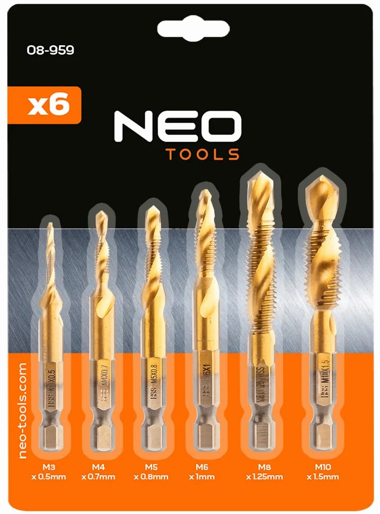 NEO TOOLS Gwintownik HSS powłoka TiN HEX 1/4" dla profesjonalistów i majsterkowiczów Maksymalna prędkość obrotowa: 1000 obr./min, jednoczesne wiercenie i gwintowanie