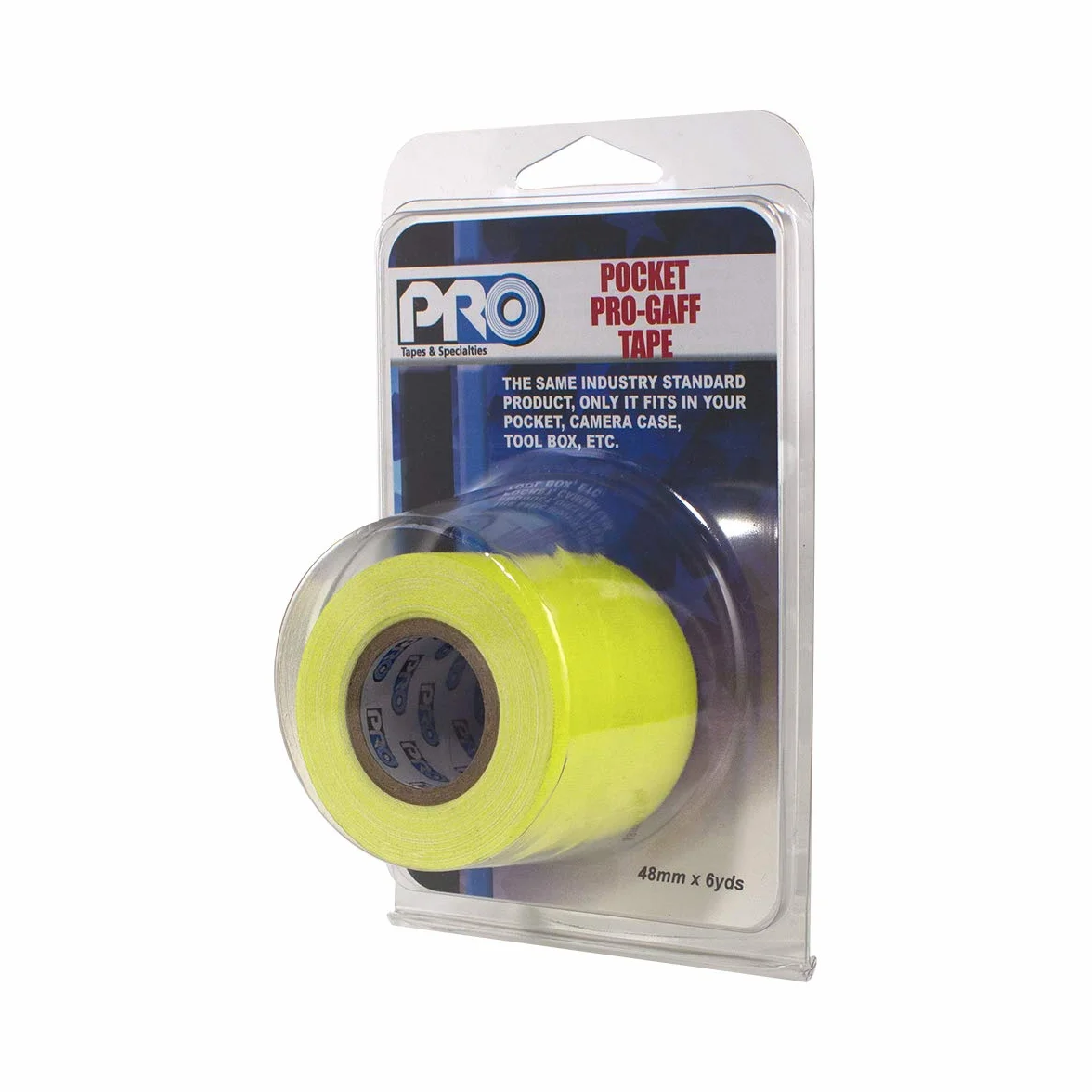 Pro Tapes Pocket Gaff Tape 5 cm (48 mm) x 6 metrów długości fluorescencyjna żółta matowa. Rozmiar kieszonkowy taśma Gaffers Tape. Wyprodukowano w USA. Trzyma się ciasno, łatwa do usunięcia.