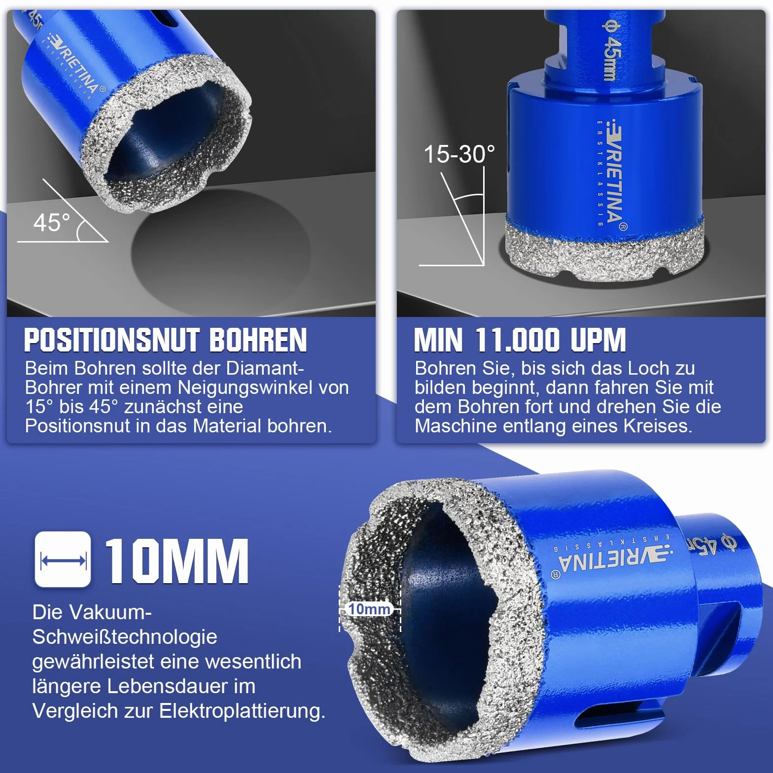 4 x diamentowe wiertło do płytek HV 10000+ twardość, 6|8|10|12 mm M14 diamentowe wiertło do szkła na mokro i sucho koronka wiertnicza do szlifierek kątowych, diamentowa koronka wiertnicza otwornica z