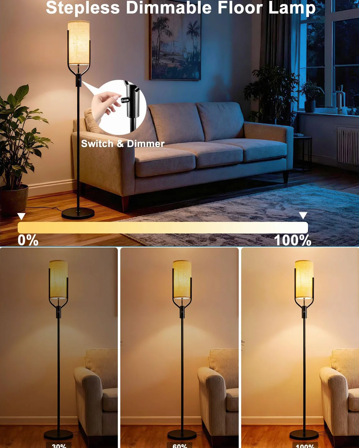Czarna lampa podłogowa 64,6 cala, ściemniana lampa podłogowa LED z lnianym kloszem, 3000 K, miękka, ciepła biel, żarówki w zestawie, nowoczesna wysoka lampa do salonu, sypialni, na wesele i