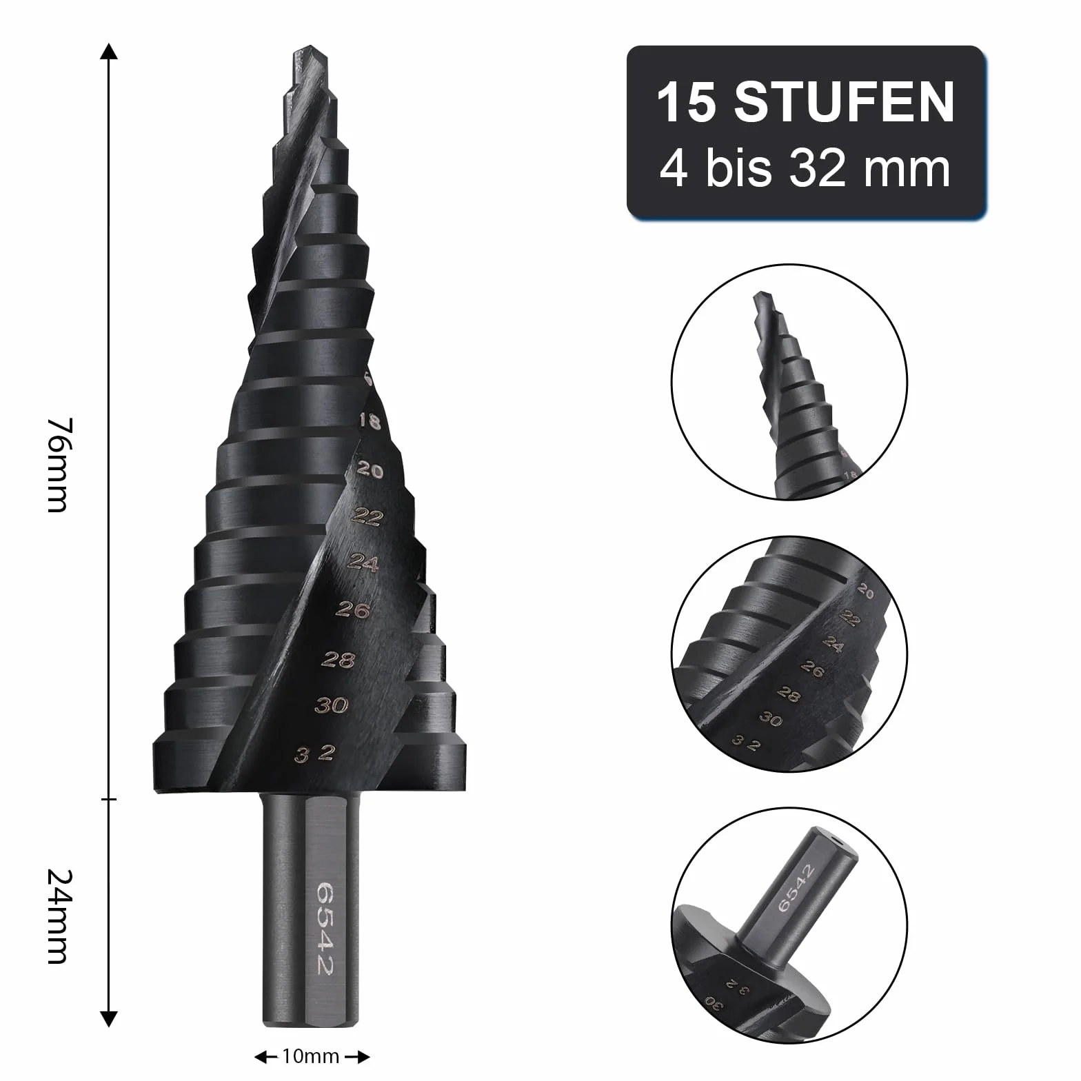 ERWEY Wiertło stopniowe [15 stopni | Ø 4-32 mm] wiertło stożkowe HSS wiertło stożkowe idealne do metalu, drewna, tworzywa sztucznego, kolor czarny