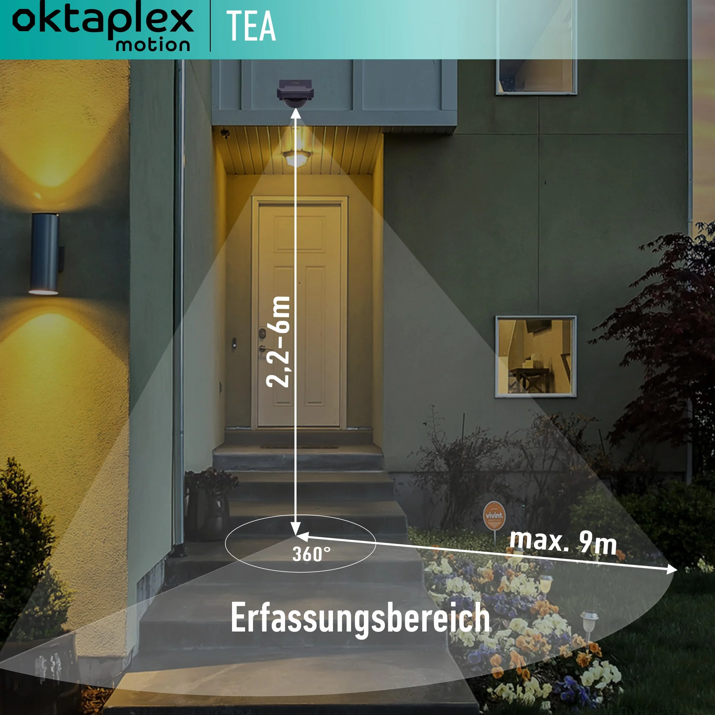 Oktaplex Tea zewnętrzny czujnik ruchu antracyt 360 stopni, z pilotem zdalnego sterowania, czujnik podczerwieni 9 m, zasięg 230 V, IP65, do sufitu i ściany