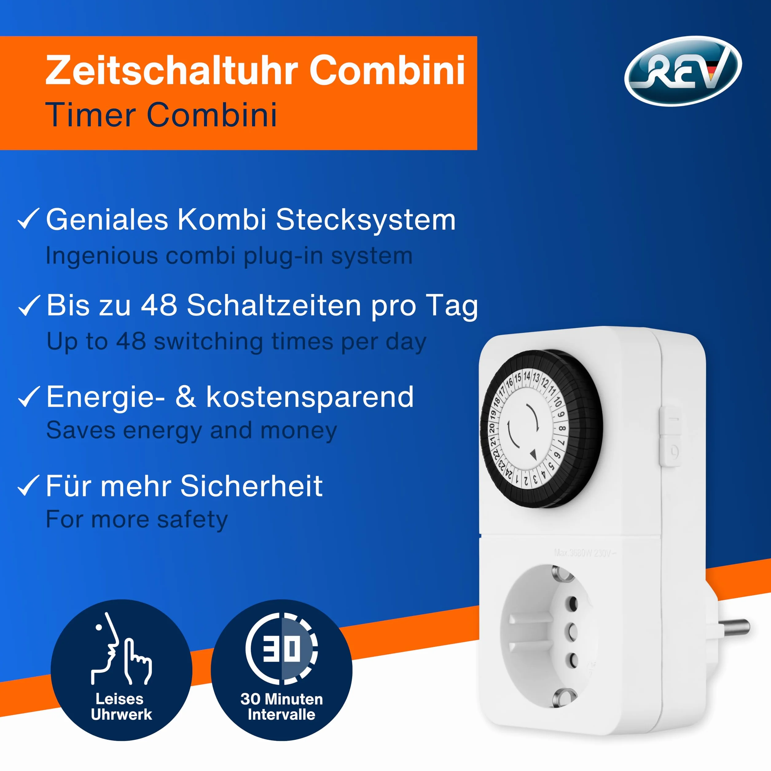 REV Czasomierz czasowy gniazdko elektryczne – format 24 h, 48 razy po 30 min – mechaniczny timer gniazdko z systemem wtykowym kombi, maks. 16 A/3680 W, biały