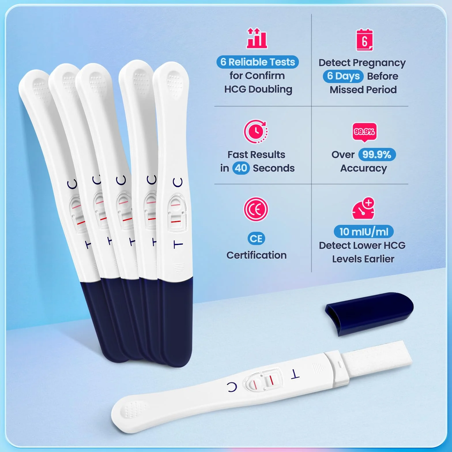 6 x test ciążowy, test ciążowy, test wczesnej ciąży, szybki test ciążowy, test HCG, czułość 10 mIU, wynik w ciągu 40 sekund, 6 sztuk