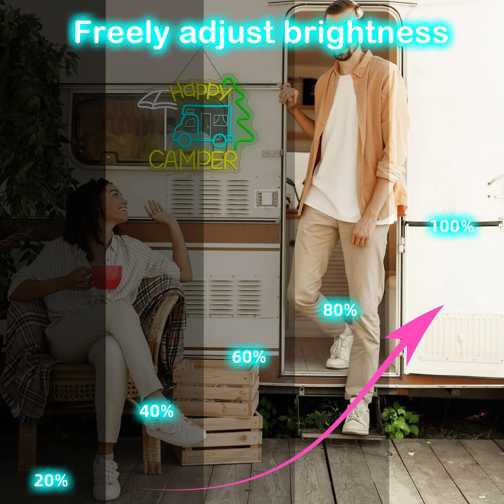 Szyld neonowy Happy Camper LED napis do kamperów reklama świetlna dekoracja kemping ogród