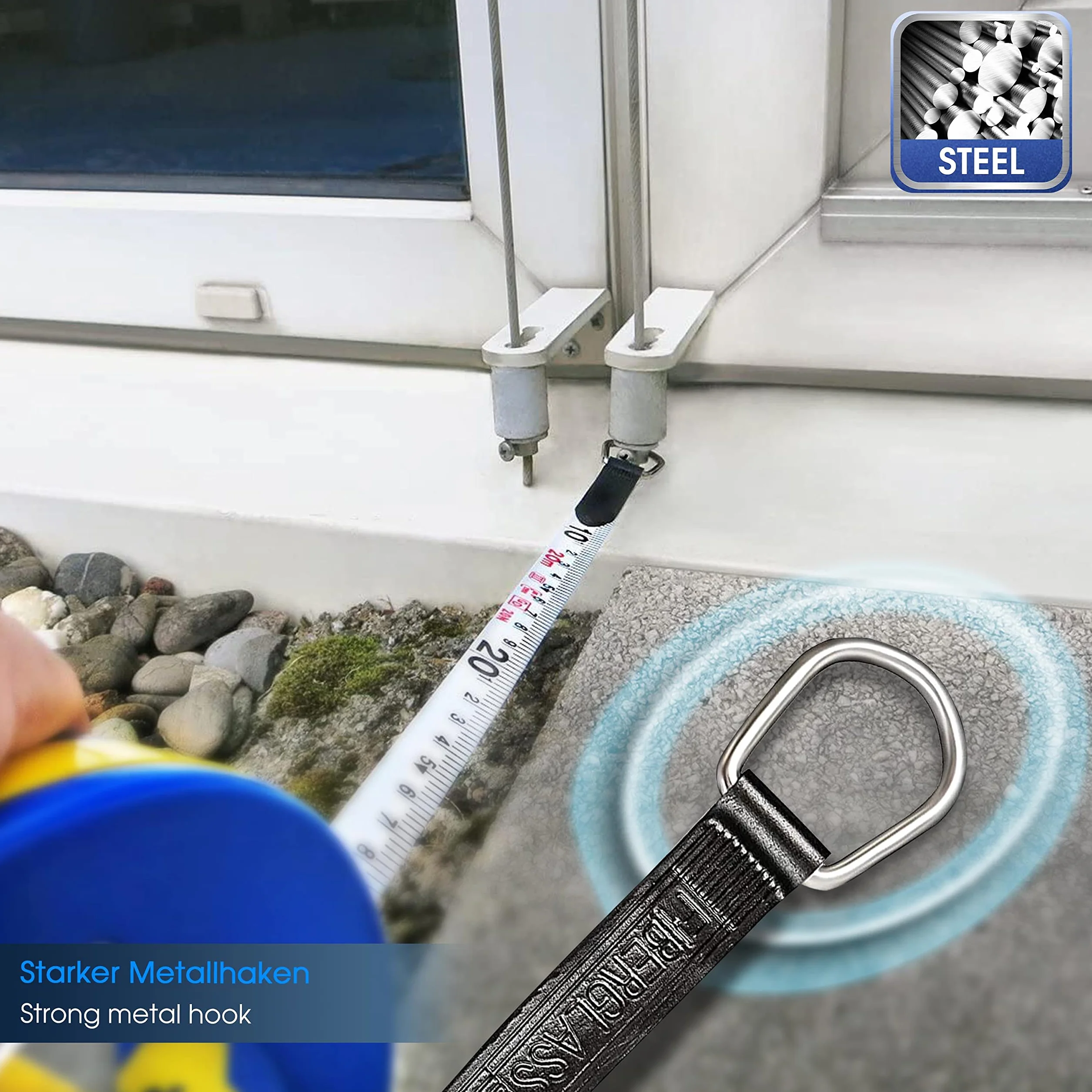 S&R Taśma miernicza z otwartym kołowrotkiem z włókna szklanego 20 m i metryczna, dwukrotnie oznaczona, szerokość 13 mm