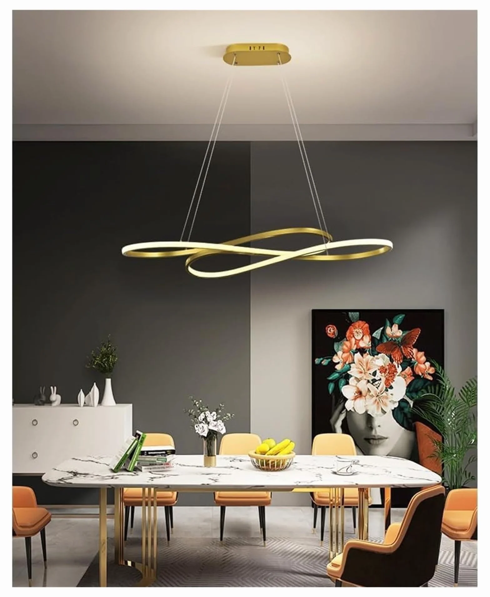 Lampy wiszące, nowoczesne żyrandole pierścieniowe z diodą LED, długa chromowana liniowa oprawa sufitowa kompatybilna ze stołem jadalnym, salonem i wyspą kuchenną (ciemna) w