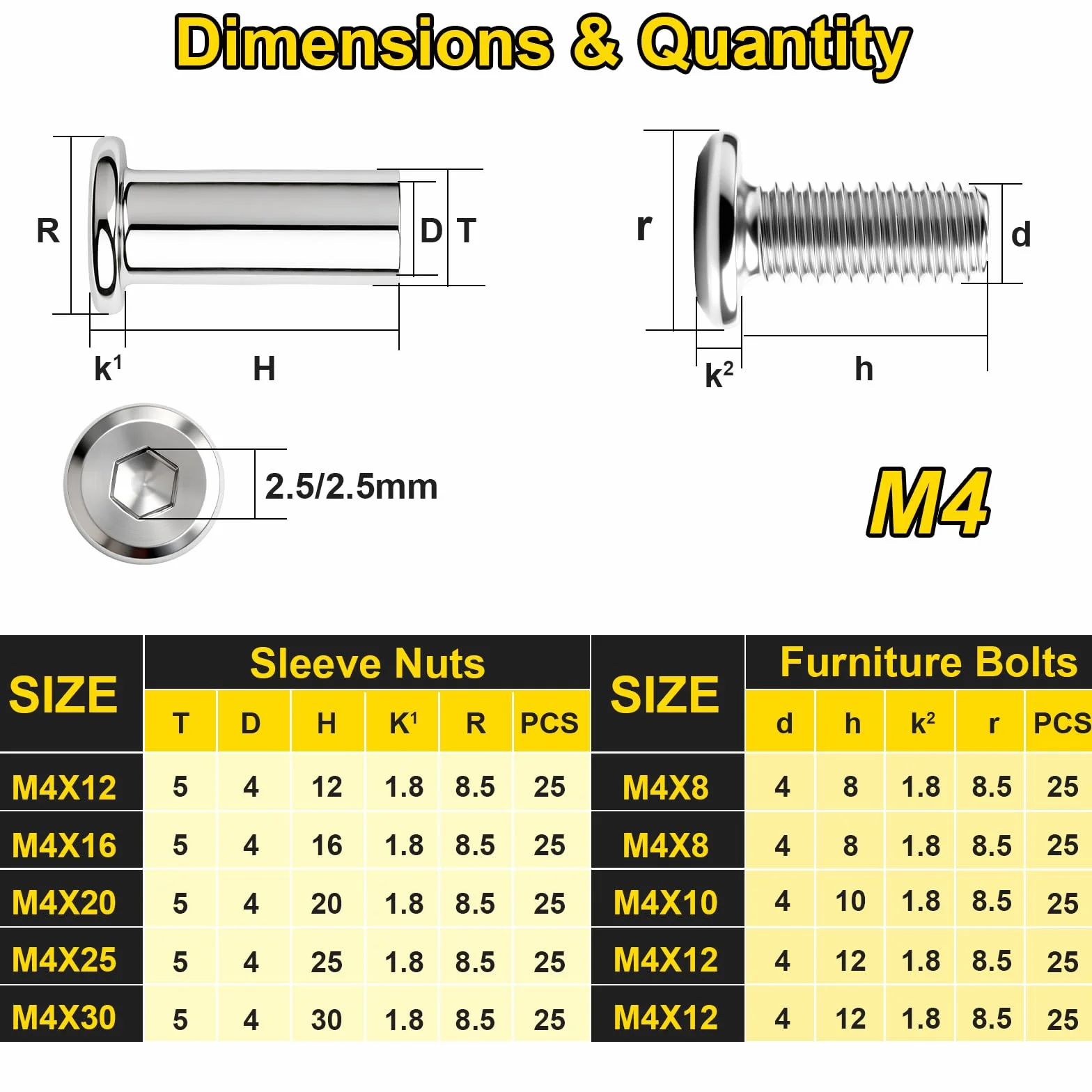 Śruby łączące, 50 sztuk, śruby tulejowe M4 x 30 mm (25 nakrętek tulejkowych i 25 śrub tulejkowych), msymsyu stal szlachetna A2 V2A, łącznik do szafek M4 do mebli, okładzin drewnianych, szaf