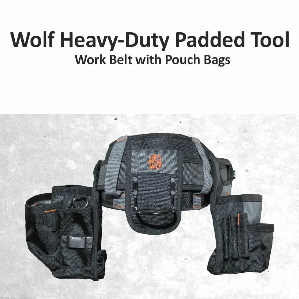 WOLF WTB300 wytrzymały wyściełany pasek roboczy na narzędzia z torbami | uniwersalna talia ciała | oddychająca organizacja komfortu | Wykonawcy, elektrycy, stolarze, złota rączka, nylon balistyczny i