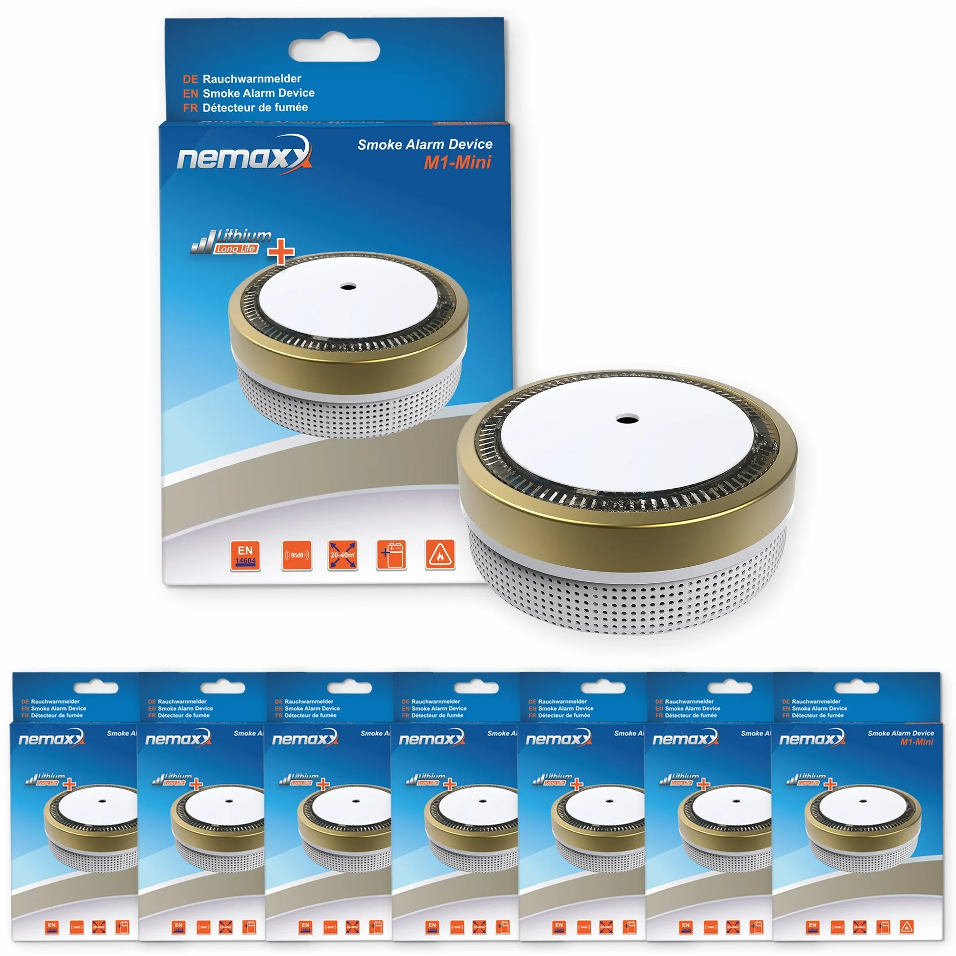 7X Nemaxx M1-Mini czujnik dymu – czuły, fotoelektryczny czujnik dymu z baterią litową typ DC3V zgodnie z normą DIN EN14604 i VDs – złoty