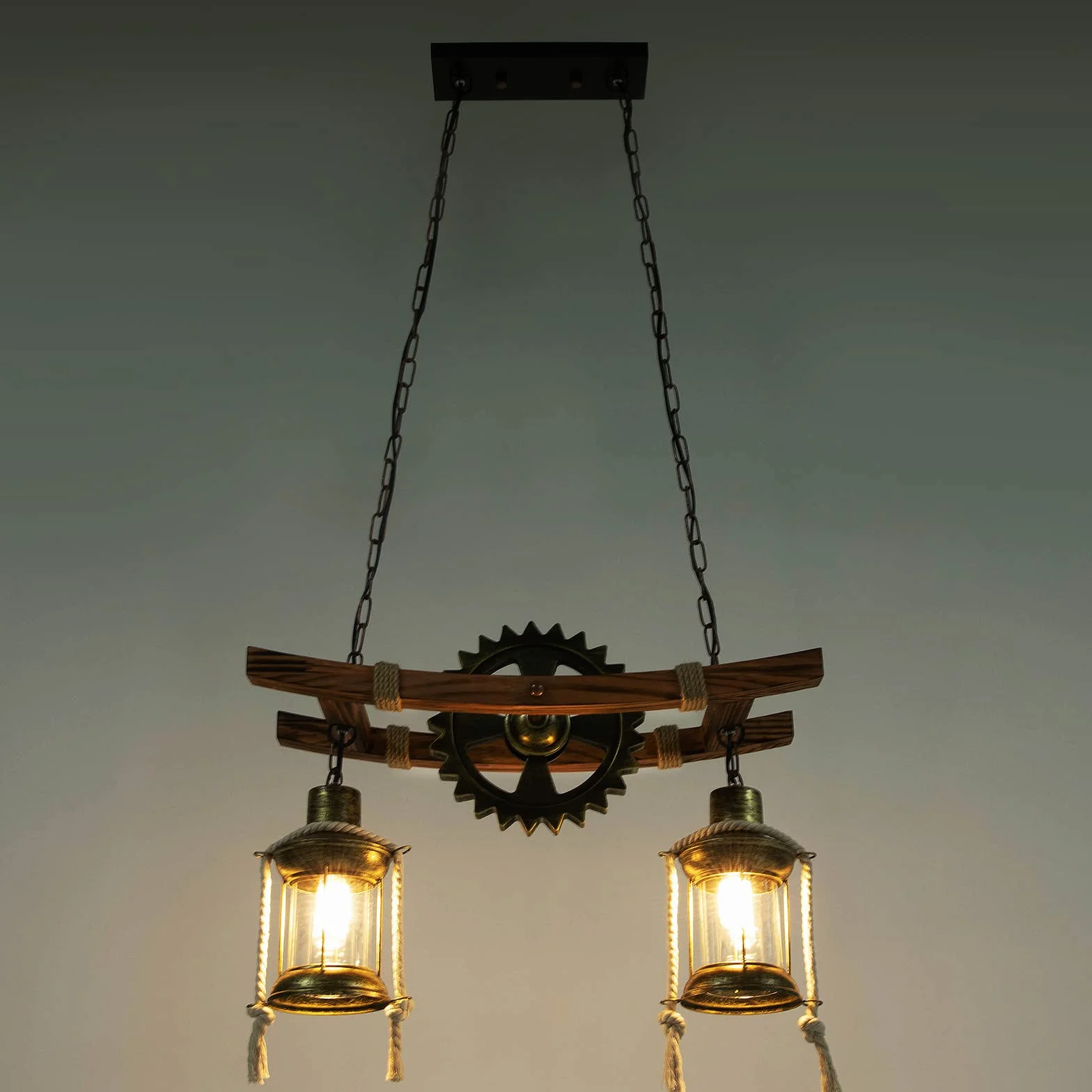 Lampa wisząca w stylu vintage, drewno, industrialny design, retro lampa wisząca z 2 płomieniami, lampa sufitowa E27, styl industrialny, lampa sufitowa do salonu, sypialni, kuchni, kawiarni i