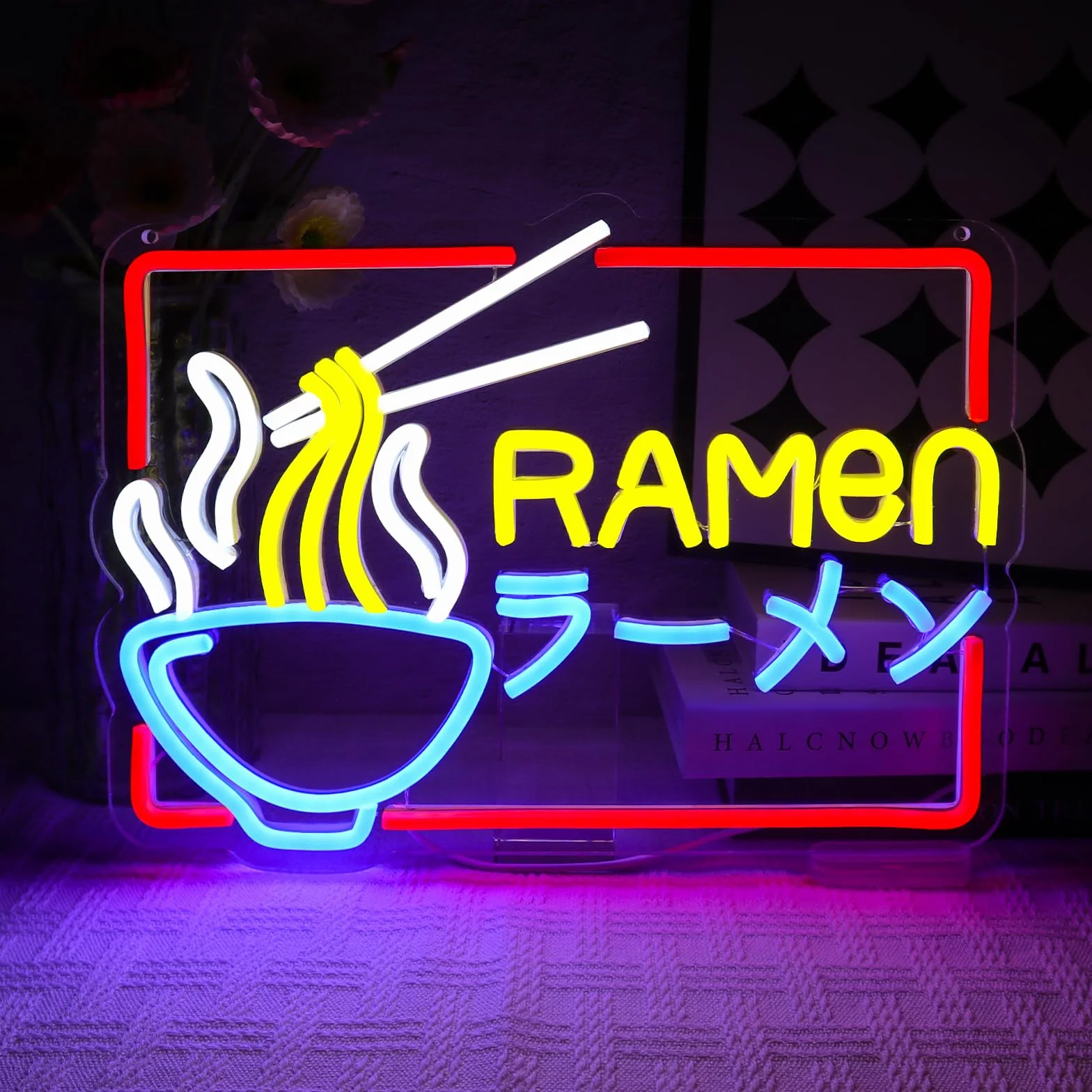 Ramen neonowy szyld kolorowy LED, neonowy szyld ścienny, neonowy makaron, tabliczka LED, do sklepu, kuchni, baru z przekąskami, salonu, jadalni, brunchu, na imprezę, do domu, sklepu, jako
