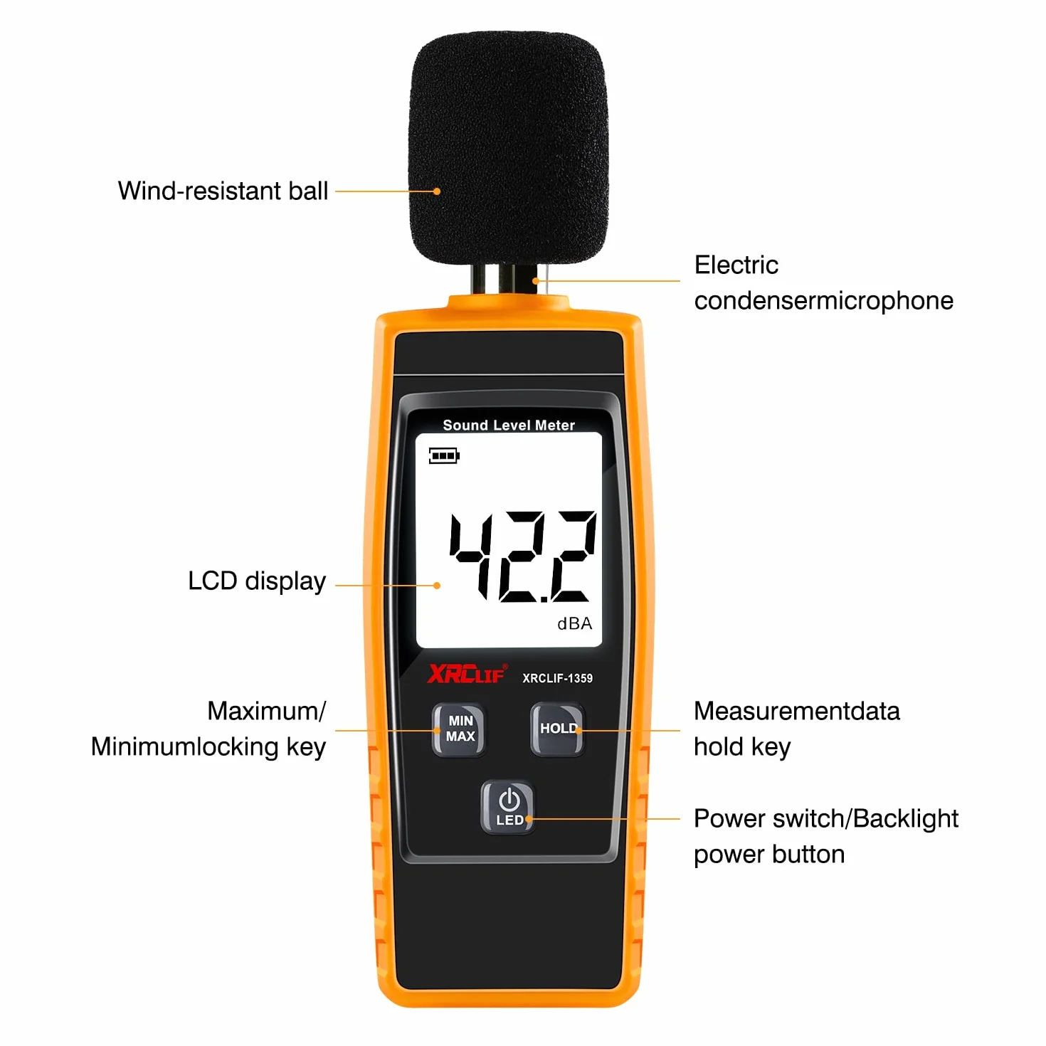 Cyfrowy miernik dźwięku dB, urządzenie przenośne, pomiar 30-130 dB(A), wyświetlanie LCD, funkcje max/min/trzymanie, alarm programowalny