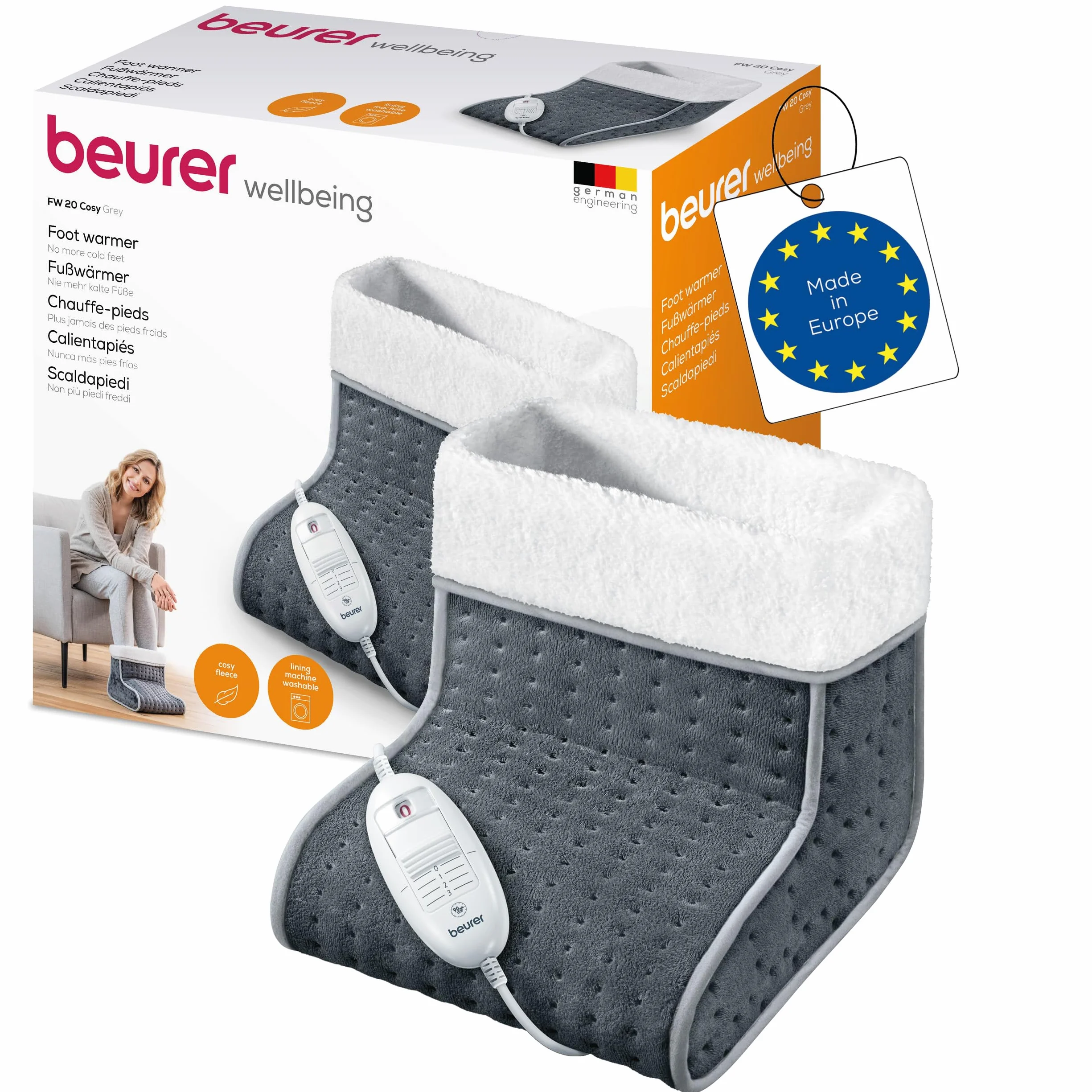 Beurer FW 20 Elektryczny Ogrzewacz Stóp Cosy 3 Ustawienia Temperatury Automatyczne Wyłączanie Pranie w Pralce Szary