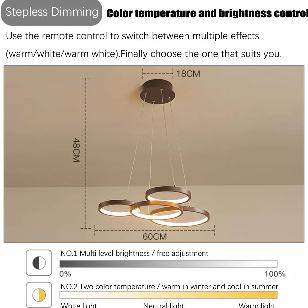 Nowoczesna lampa wisząca LED z pilotem zdalnego sterowania, przyciemniana, z regulacją wysokości, żyrandol do salonu, jadalni, biura, sypialni, lampa sufitowa, 60 x 48 cm, 42 W, cztery pierścienie