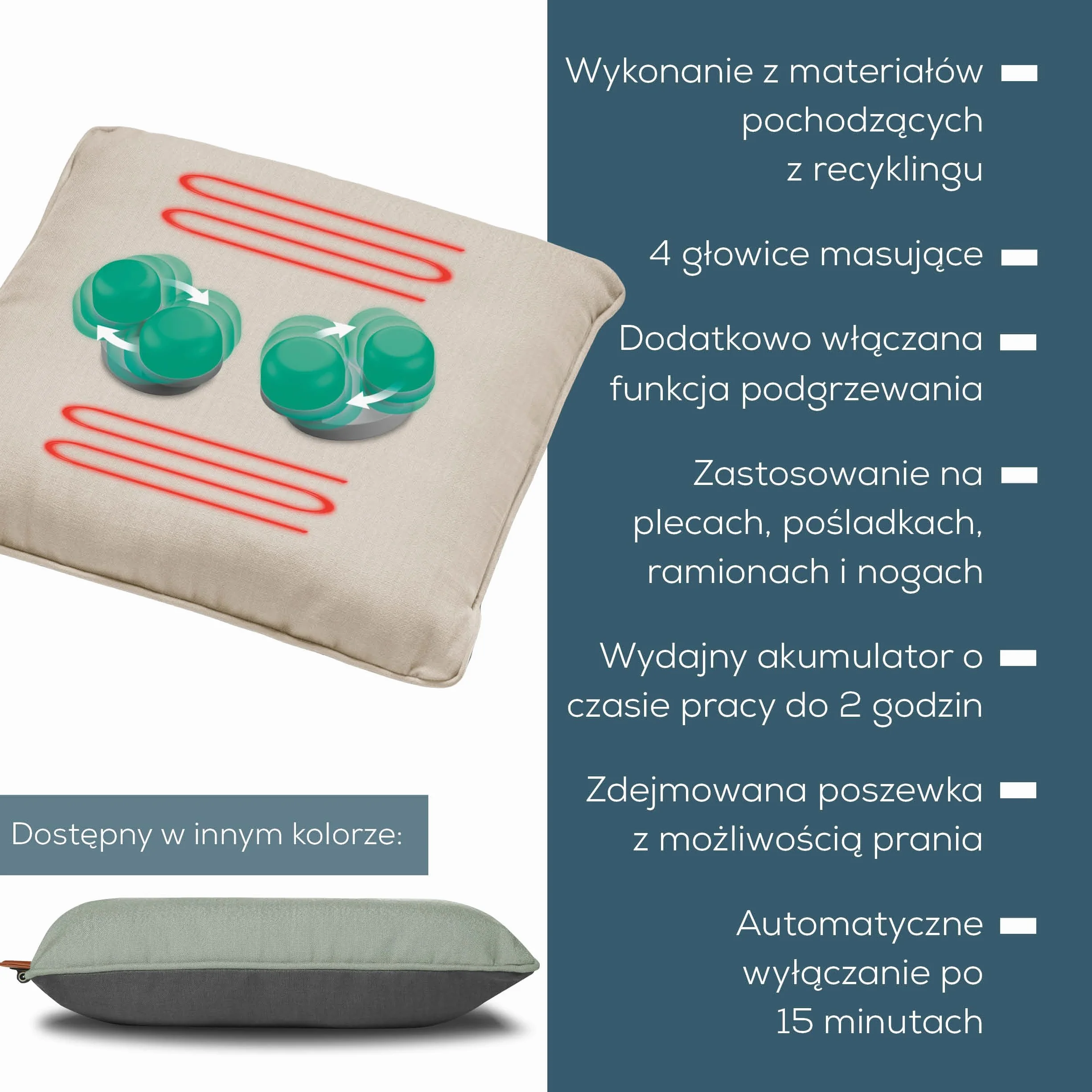 Beurer MG 139 akumulatorowa poduszka do masażu z funkcją ogrzewania, bezprzewodowa poduszka do masażu Shiatsu, włączane ciepło, wyprodukowana z materiału pochodzącego z recyklingu, można prać w