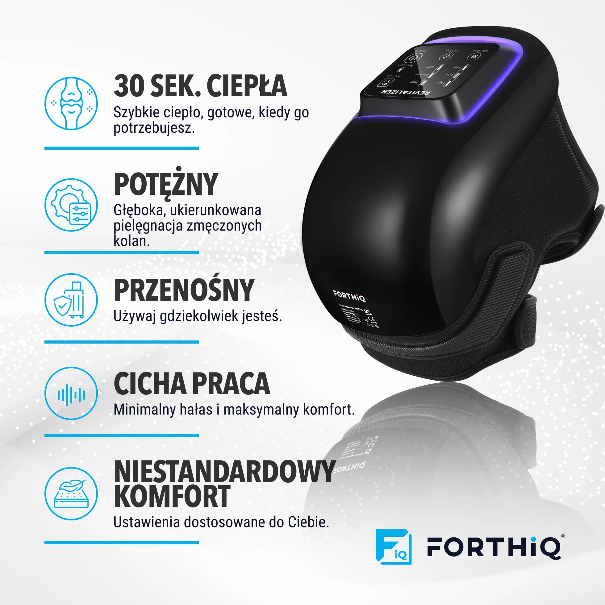 FORTHiQ Pro+ Masażer Kolana z Ciepłem i Czerwonym Światłem: Ciepło, Czerwone Światło o Podwójnej Długości Fali i Wibracje - Bezprzewodowy, Przenośny, Ładowalny, Funkcja Pamięci, Regulowane Paski