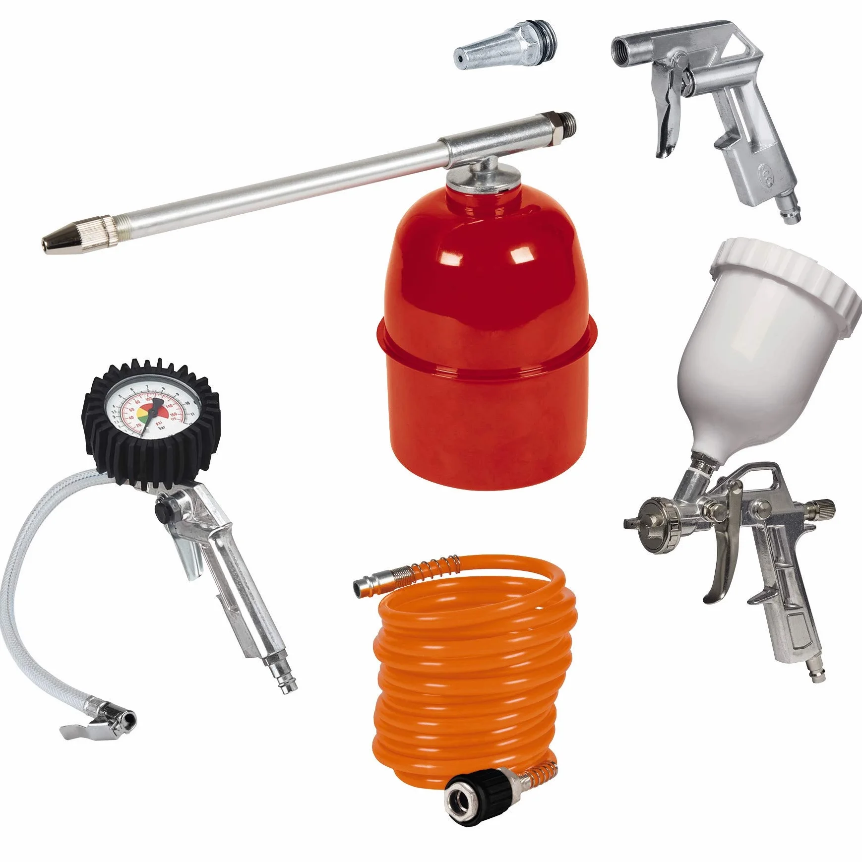 Einhell 4010393 Przenośna Sprężarka z Manometrem i Reduktorem Ciśnienia 1500 W 230 V Czerwony/Czarny 22,34 kg & Einhell Zestaw Narzędzi Pneumatycznych, Wielokolorowy, None None